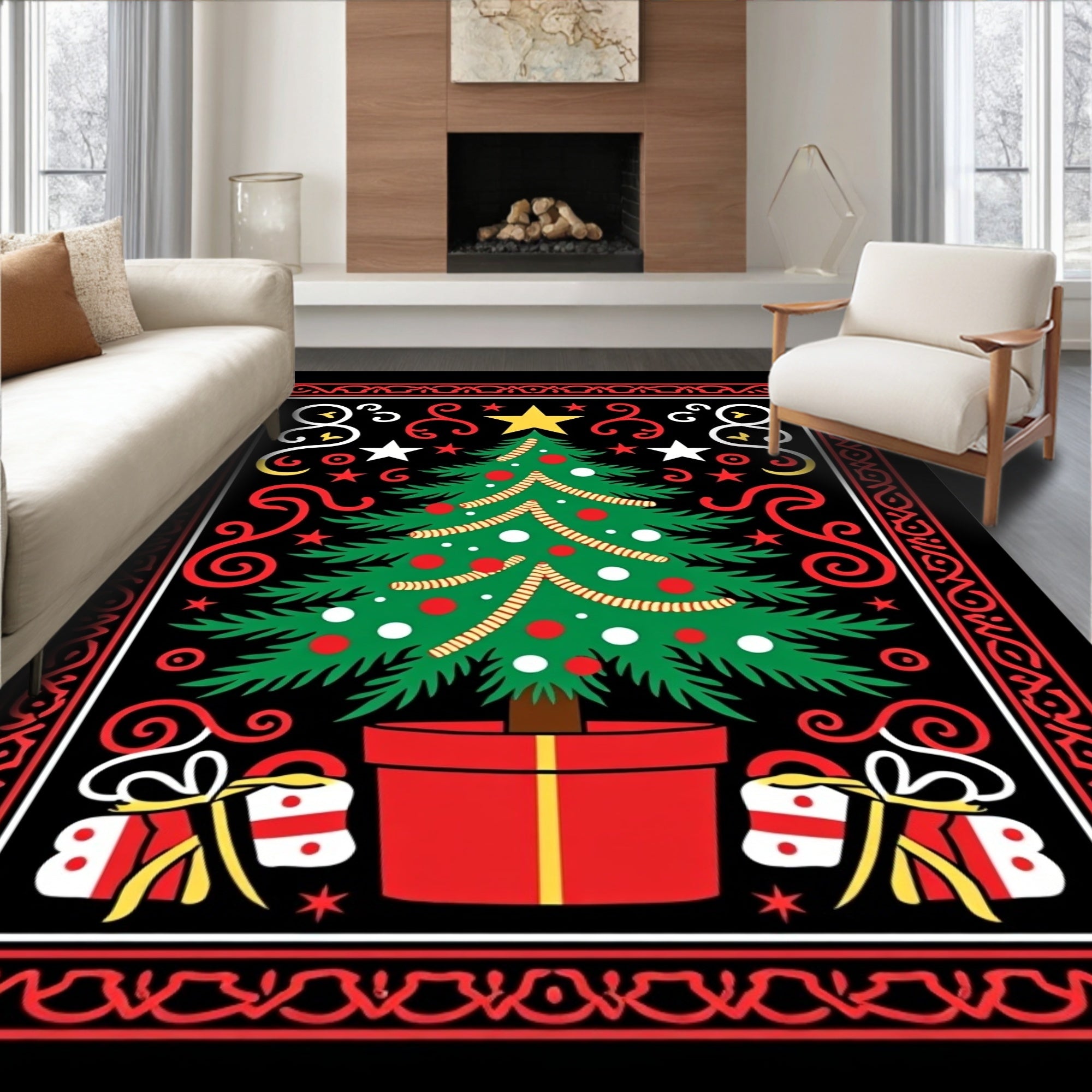 Festive Christmas Tree Gifts Border Rug