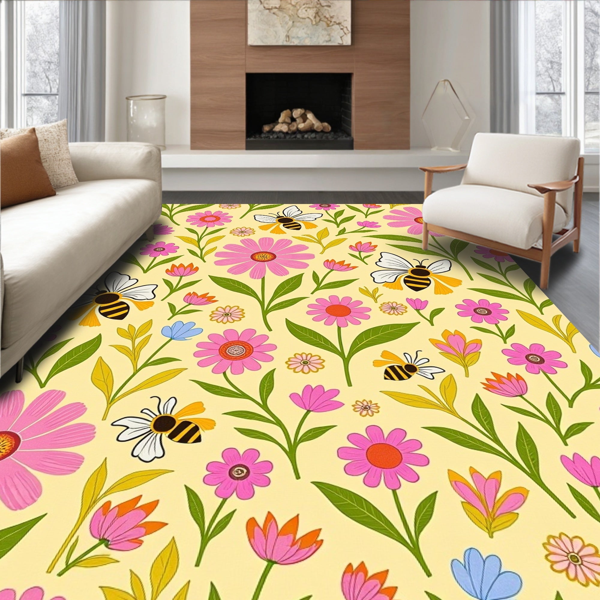 Whimsical Yellow Bumblebee Floral Rug