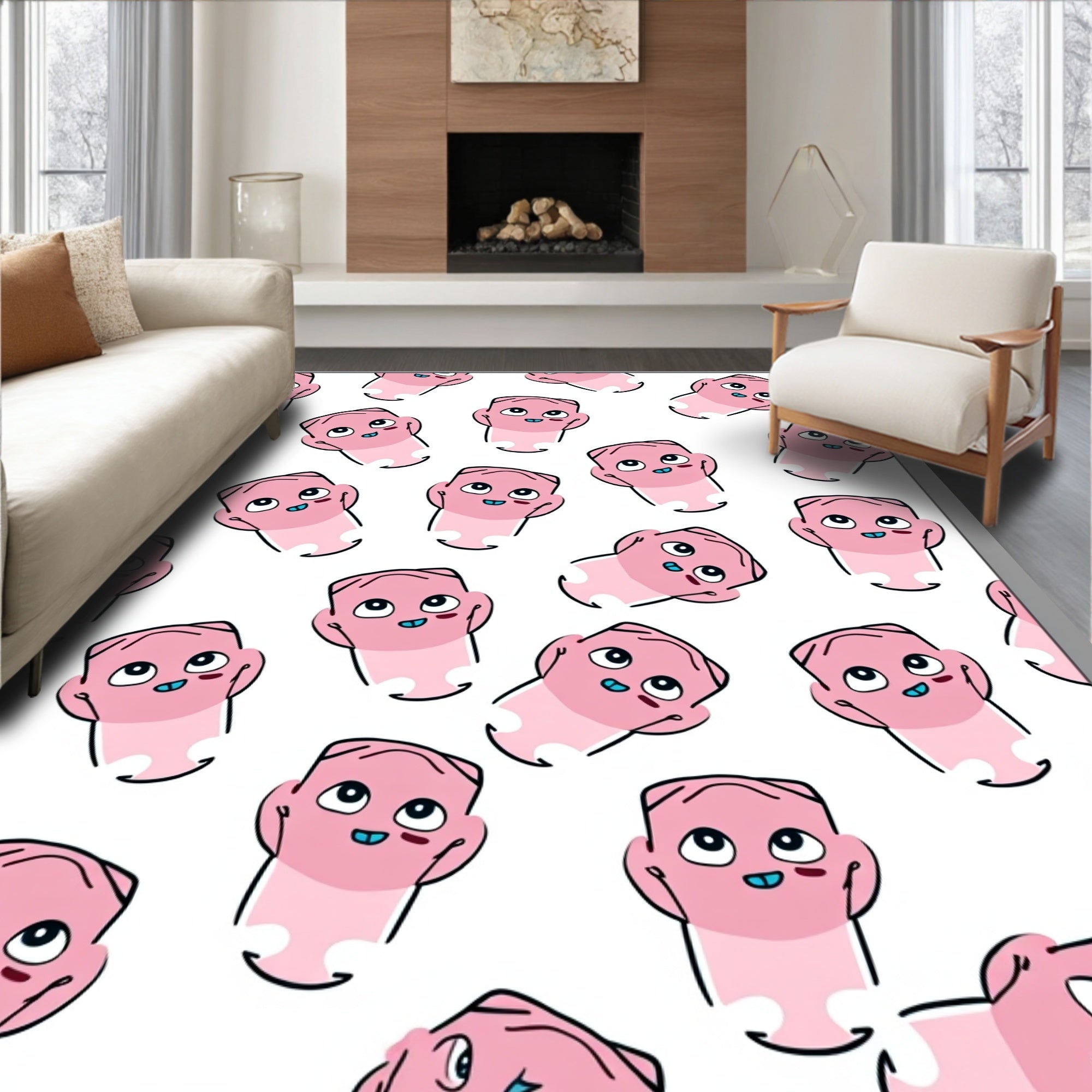 Cute Pink Cartoon Heads Repeating Pattern Rug