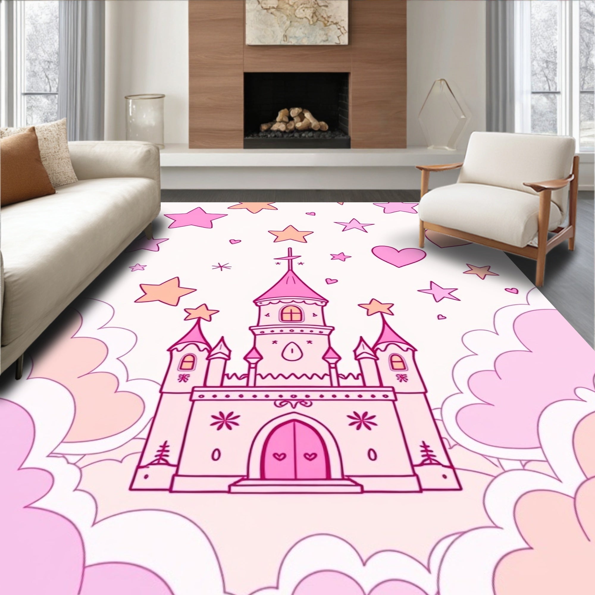Pink Castle Stars Clouds Whimsical Fantasy Rug