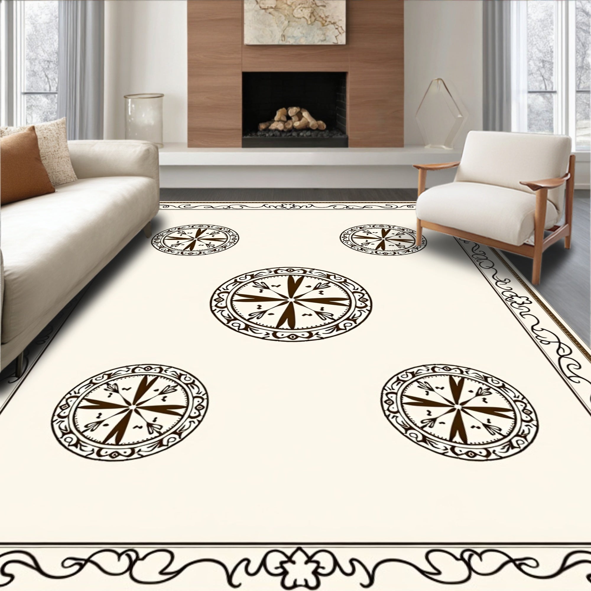 Ornate Cream Brown Mandala Medallion Rug