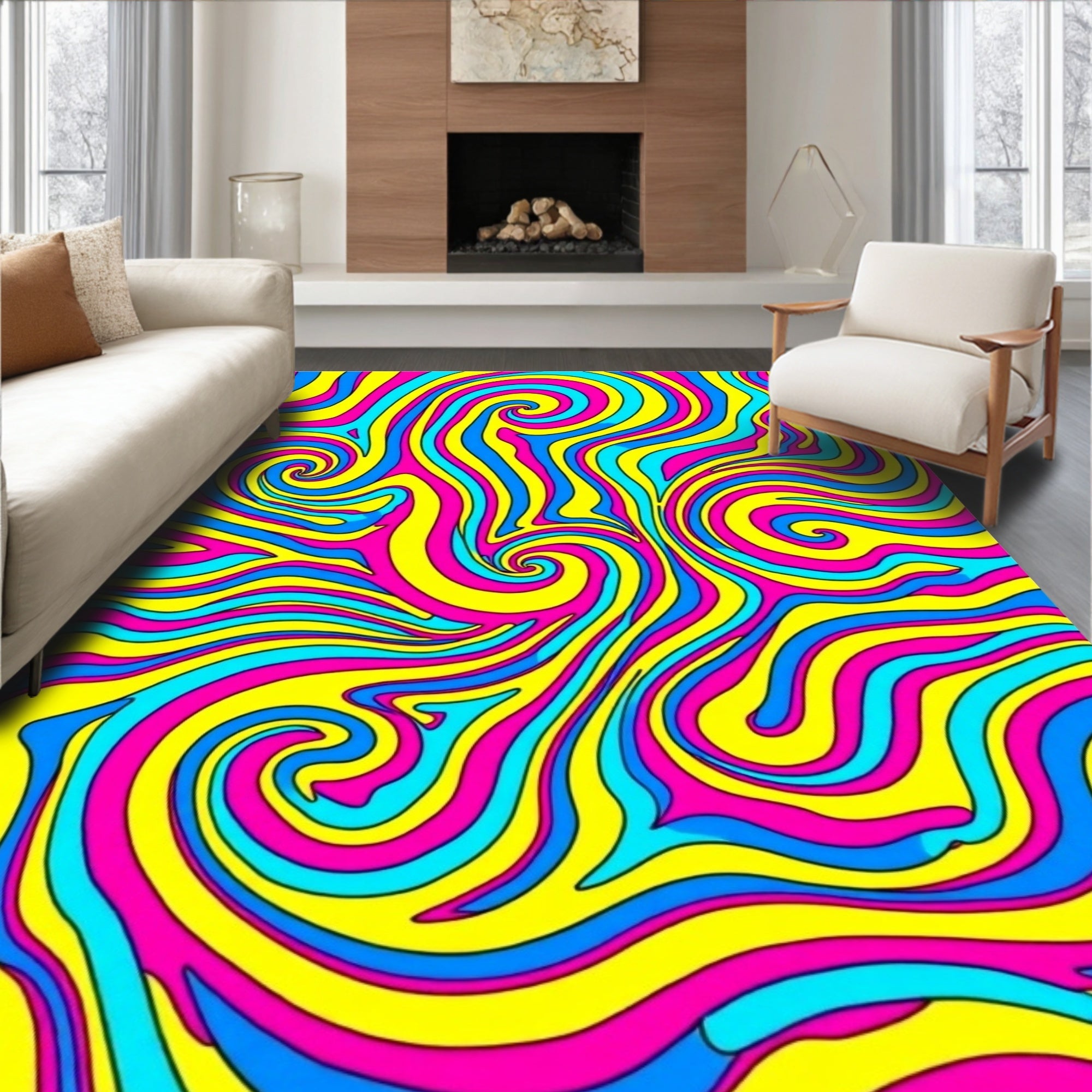 Vibrant Yellow Blue Pink Swirl Rug