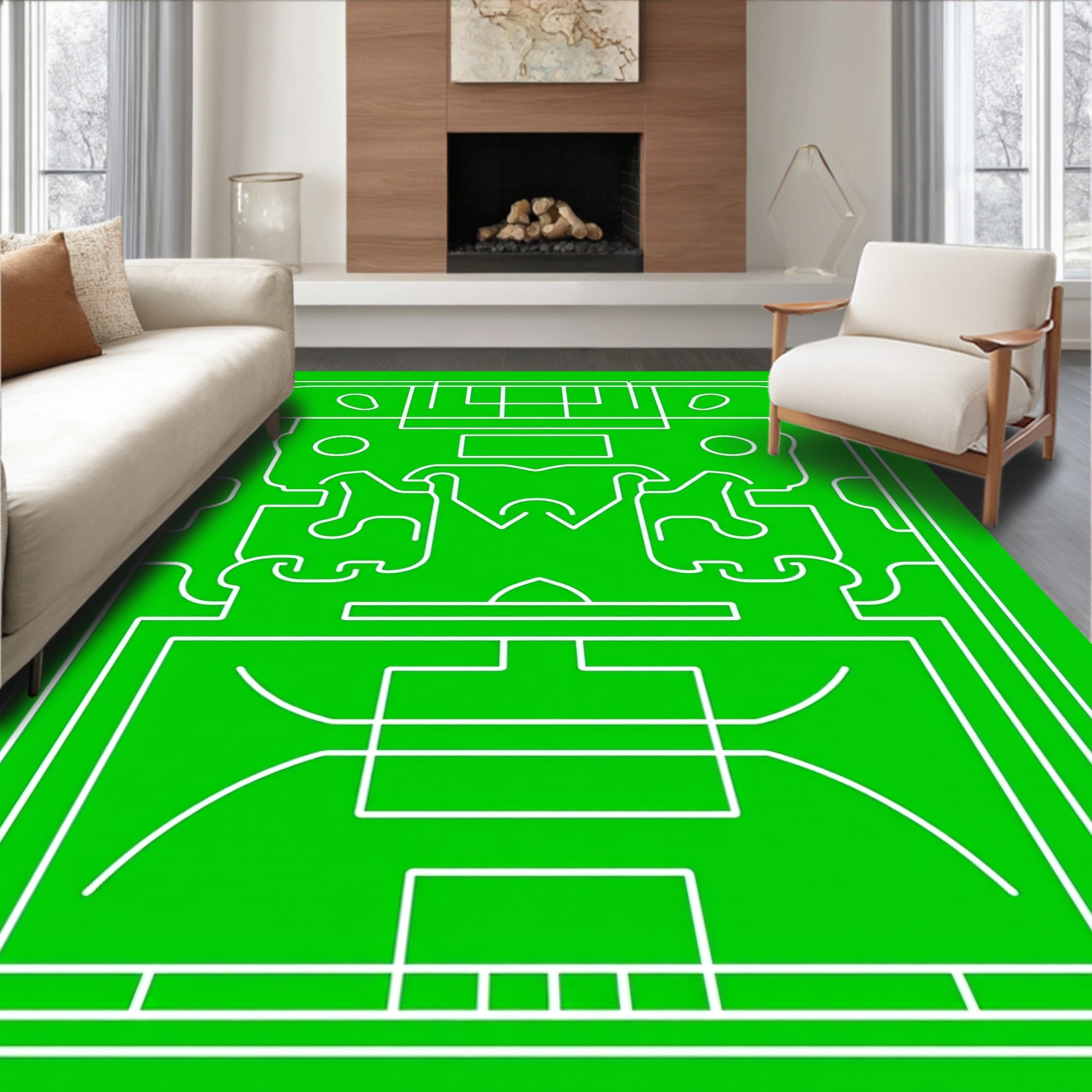 Graphic Green White Line Soccer Field Rug