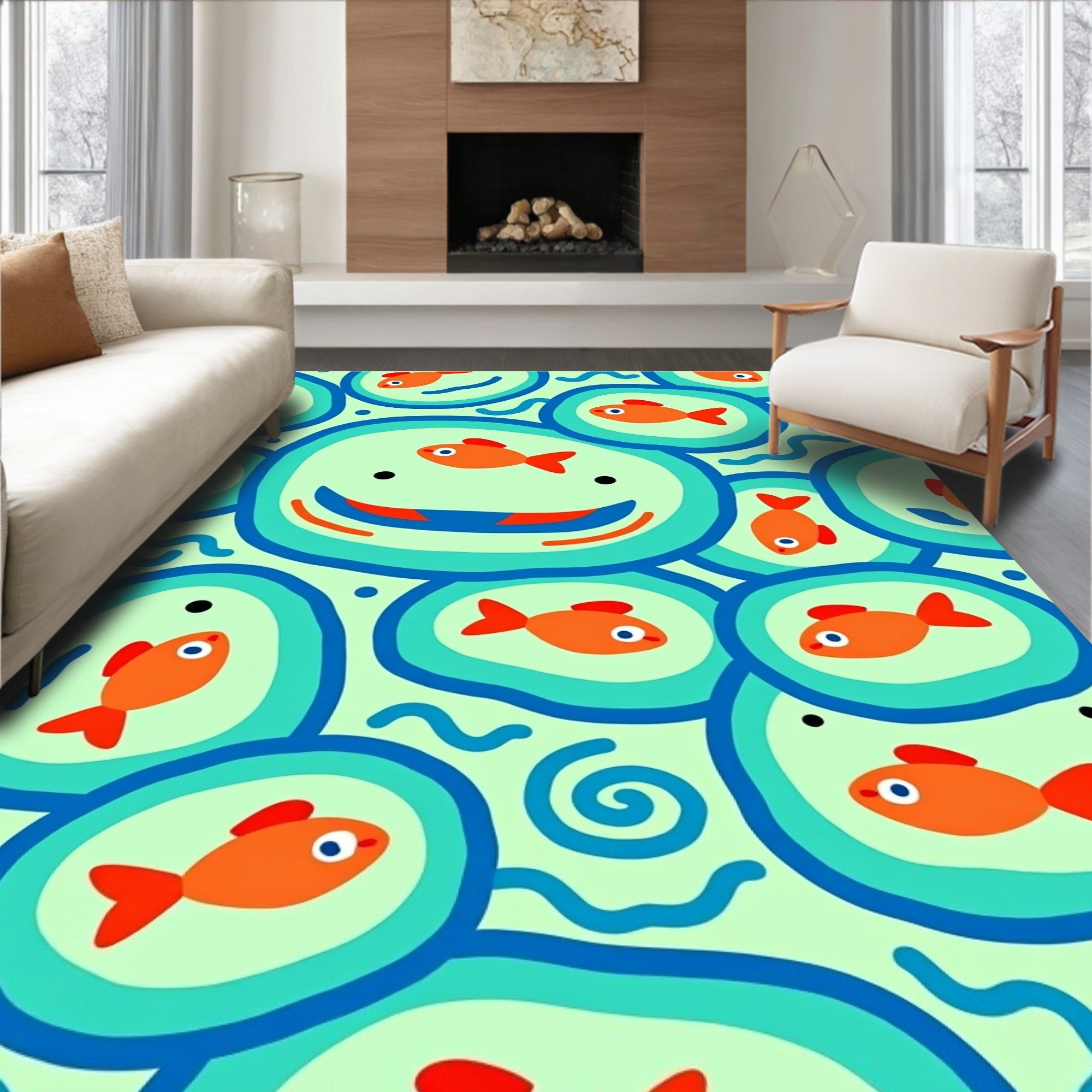 Whimsical Orange Fish Aquatic Circles Rug