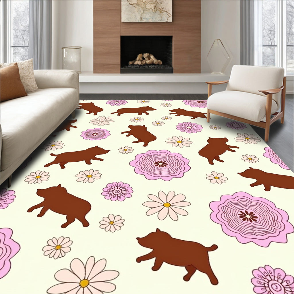 Brown Dogs Pink Flowers Cream Background Rug