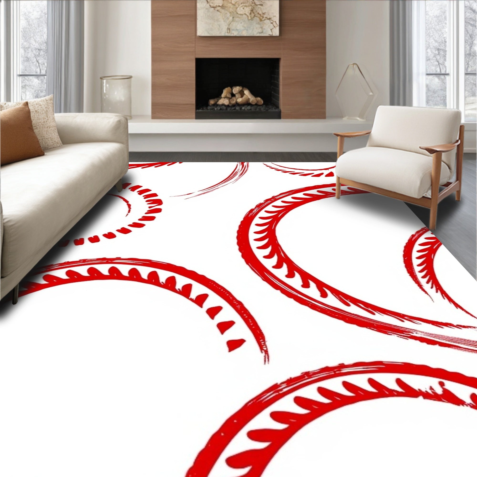 Crimson Arc Brushstroke Round Rug