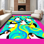 Playful Penguins Teal Yellow Swirl Background Rug