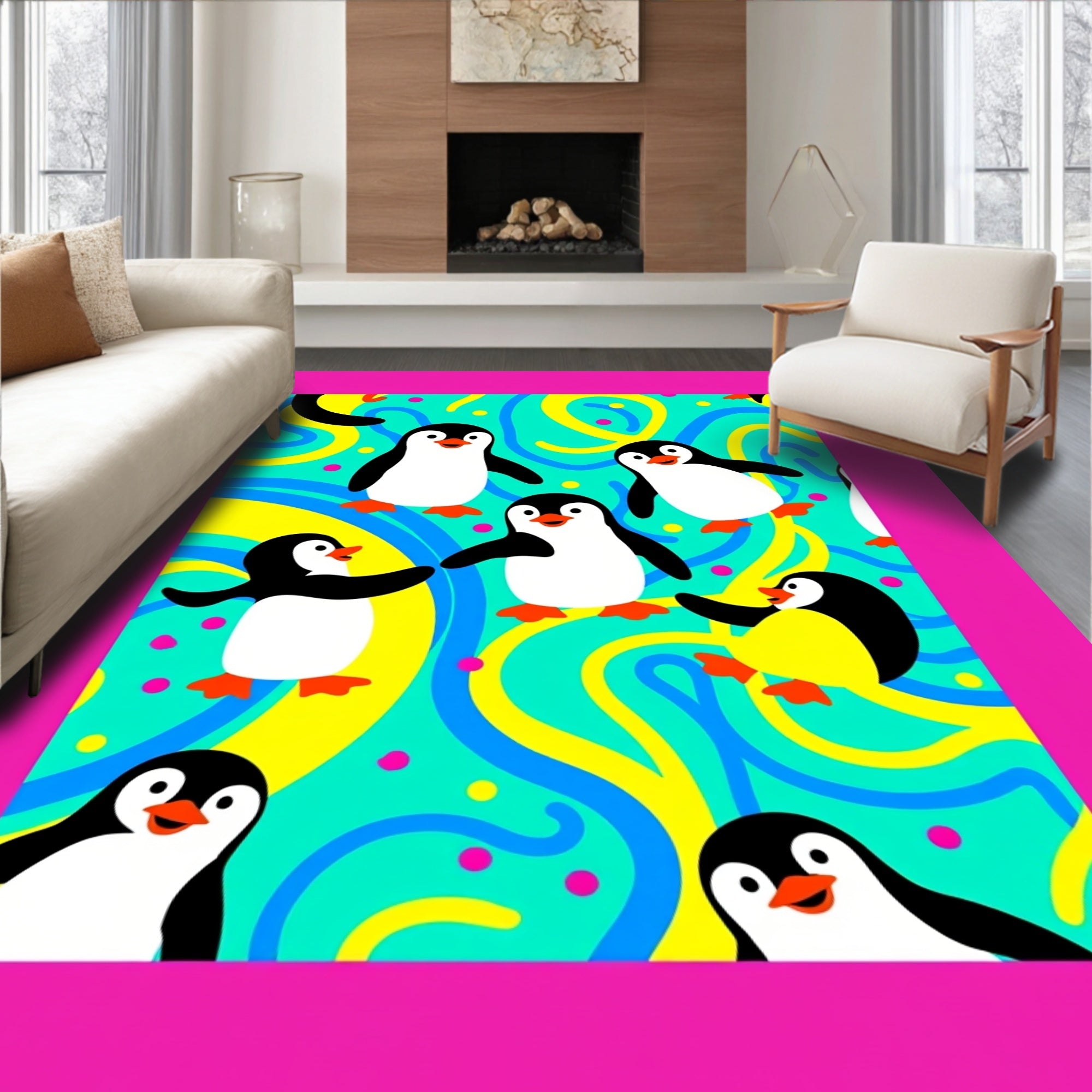 Playful Penguins Teal Yellow Swirl Background Rug