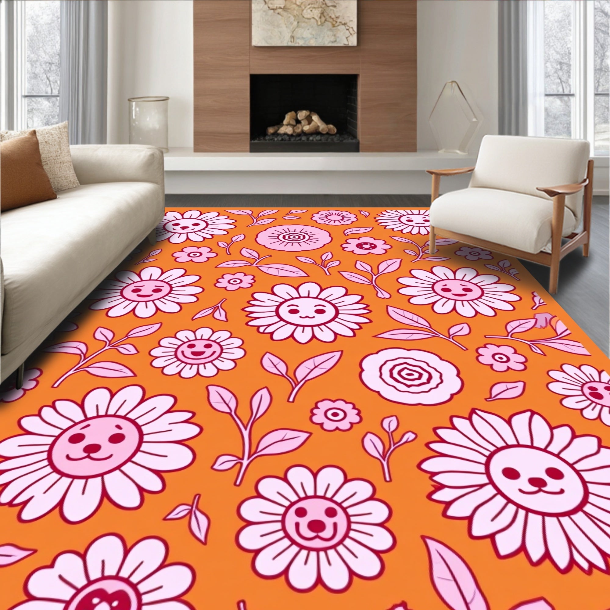 Playful Pink Floral Garden Medallion Rug