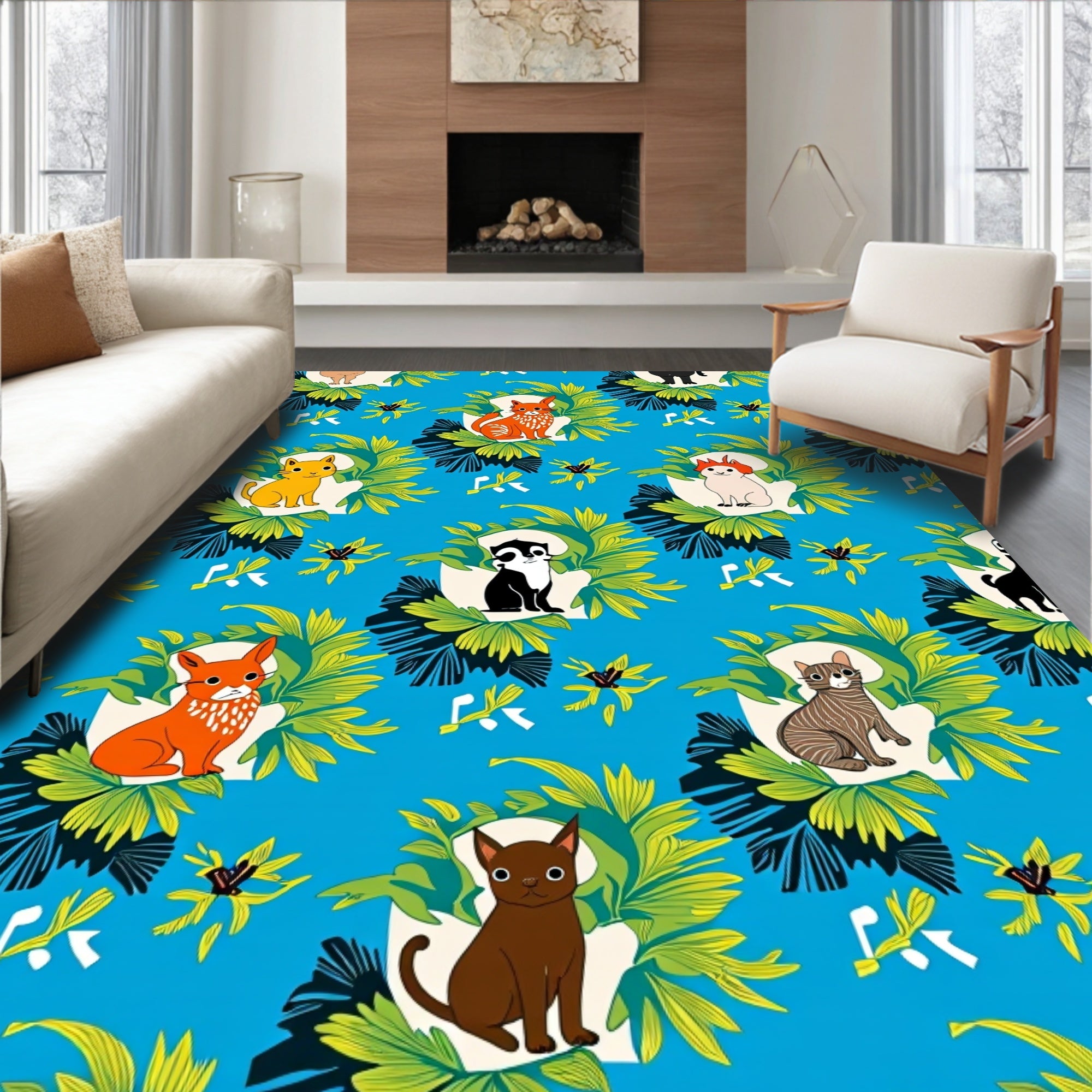 Whimsical Blue Feline Tropical Arrangement Rug