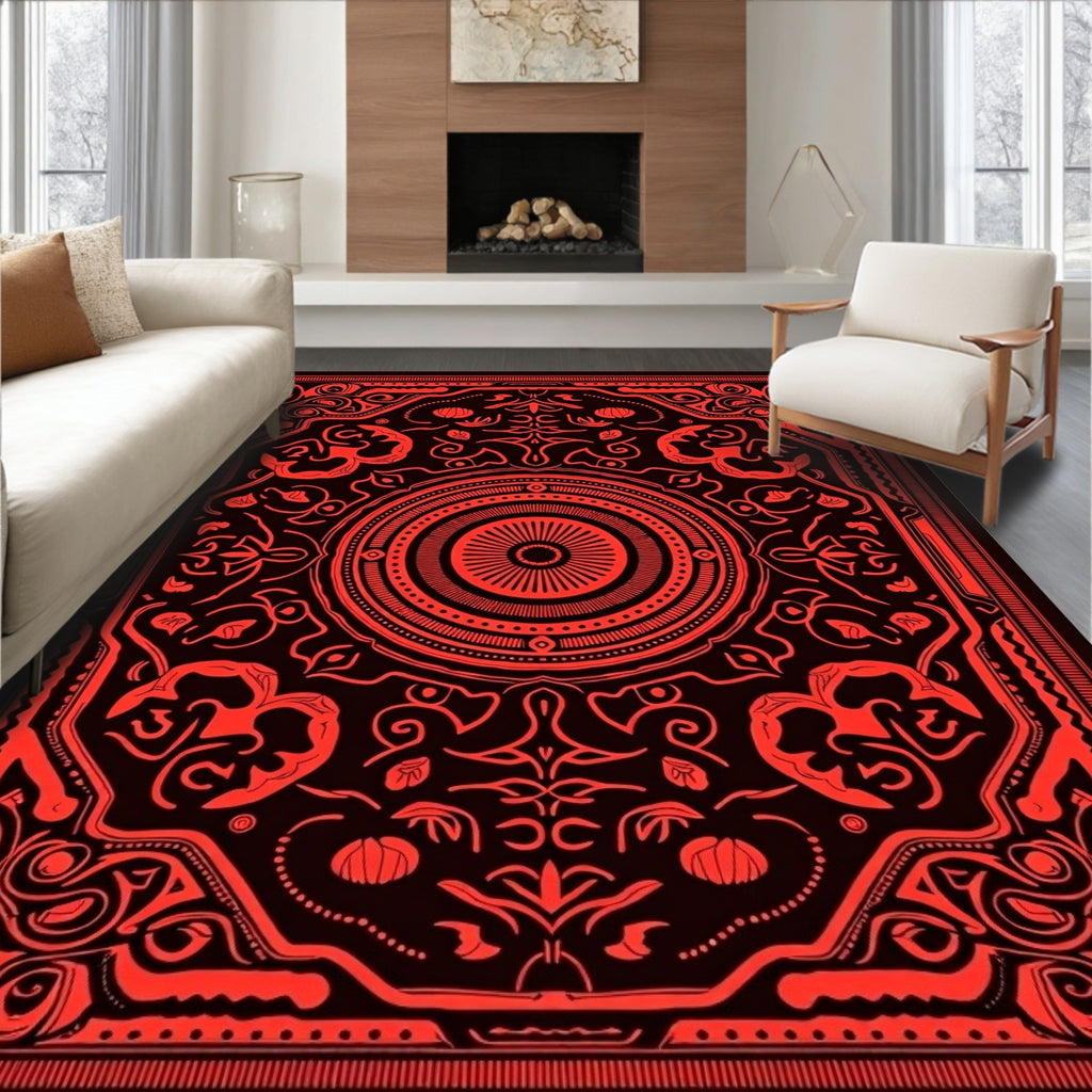 Bold Crimson Floral Mandala Rug