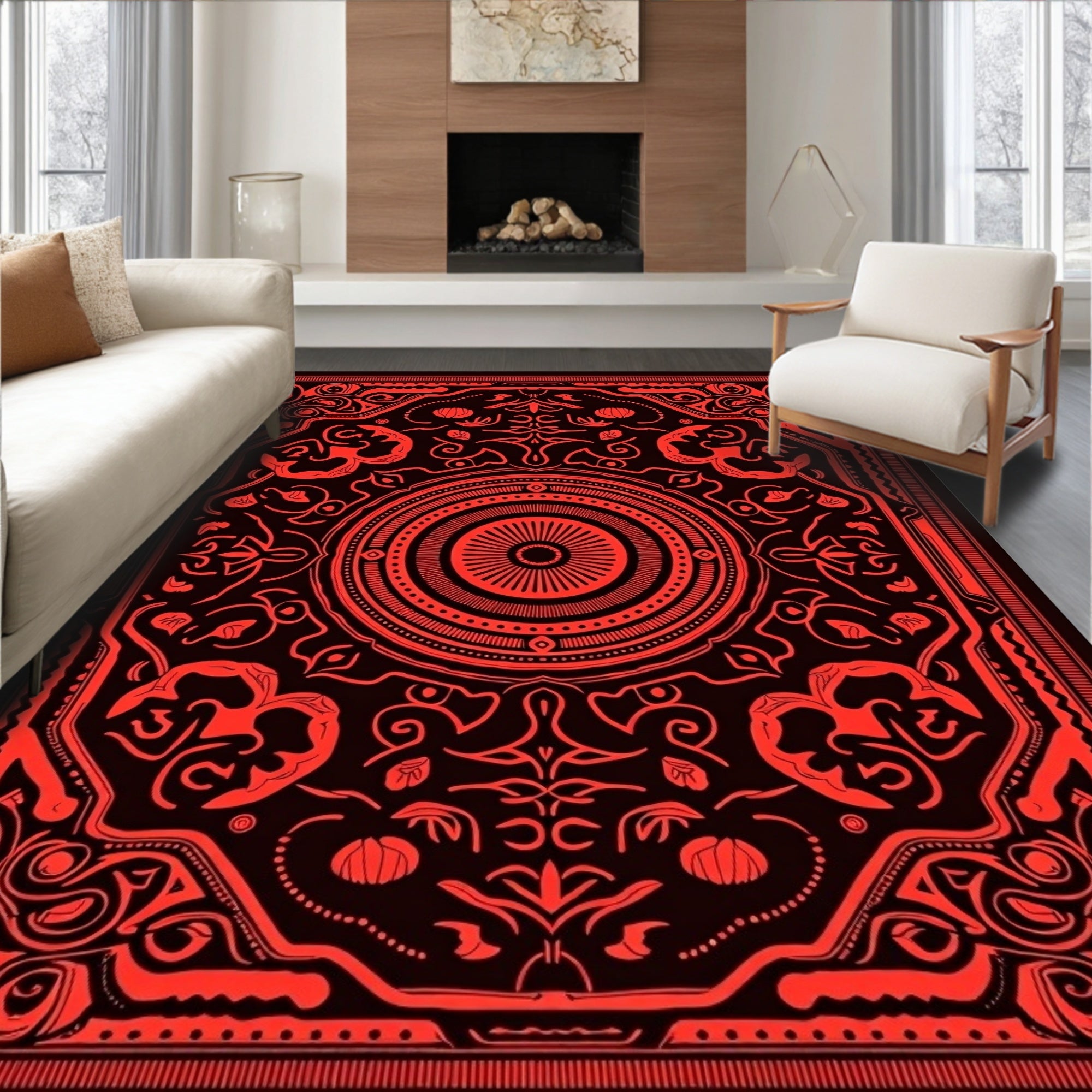 Bold Crimson Floral Mandala Rug