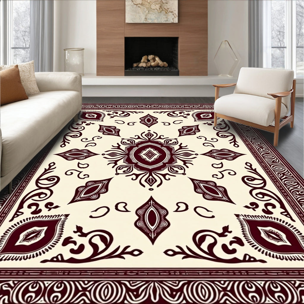 Crimson Ivory Floral Mandala Rug