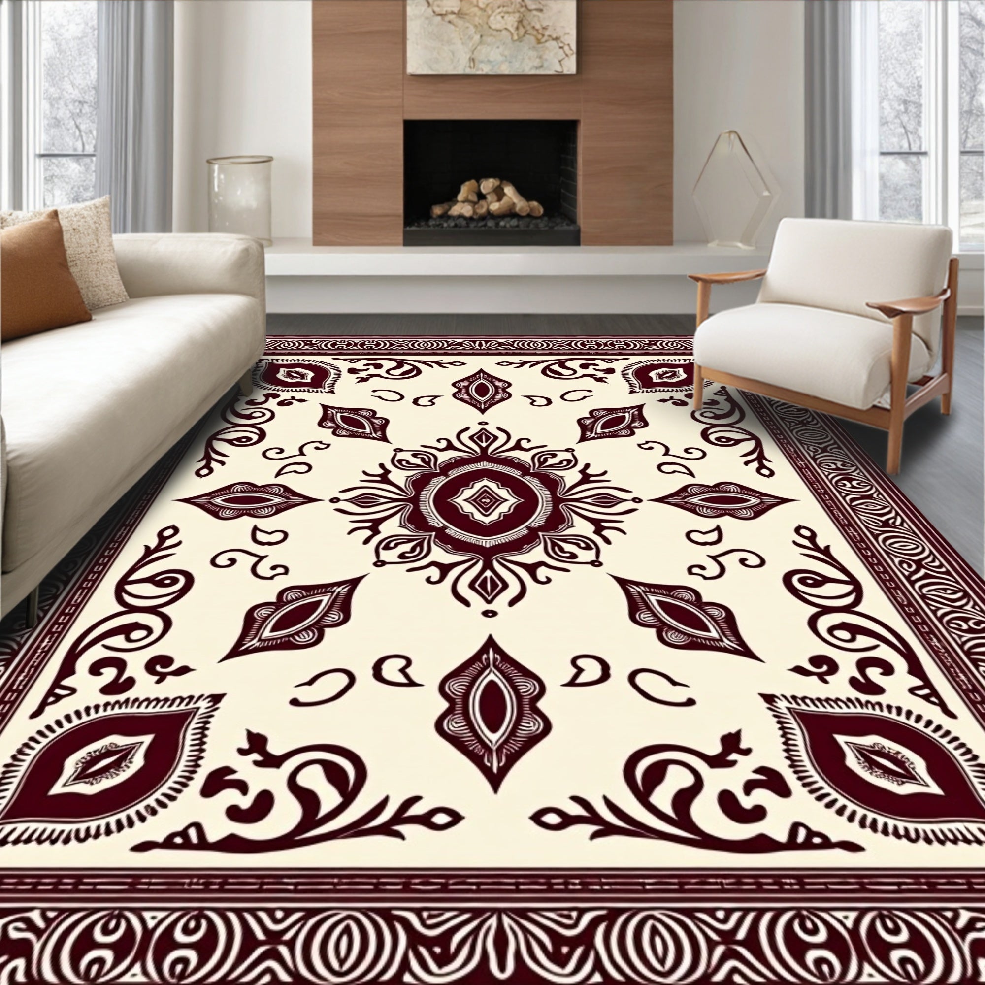 Crimson Ivory Floral Mandala Rug