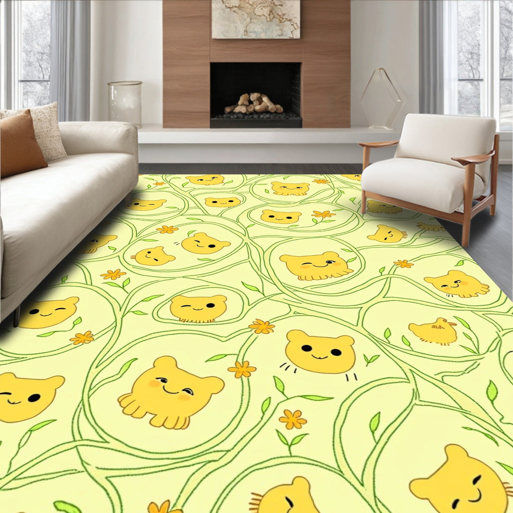 Yellow Bear With Green Vines and Flowers Rug