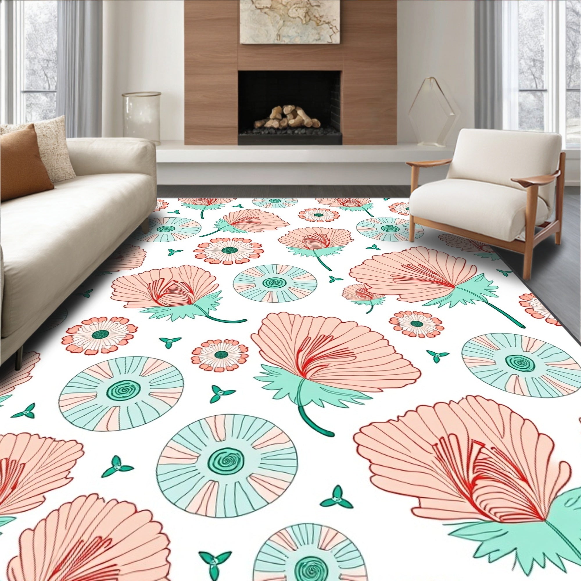 Coral Teal Flower Array Rug