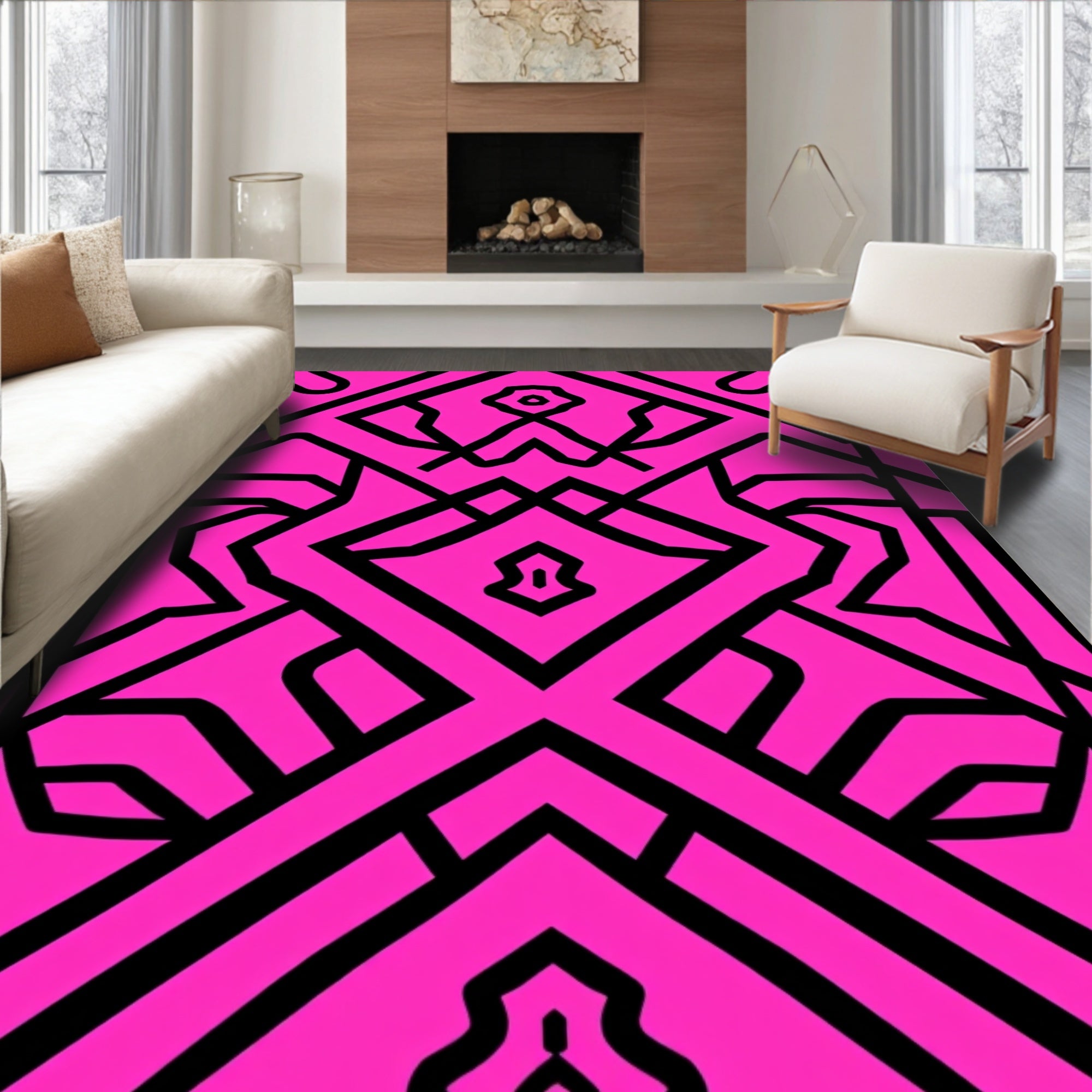 Bubblegum Pink Op Art Geometric Maze Rug