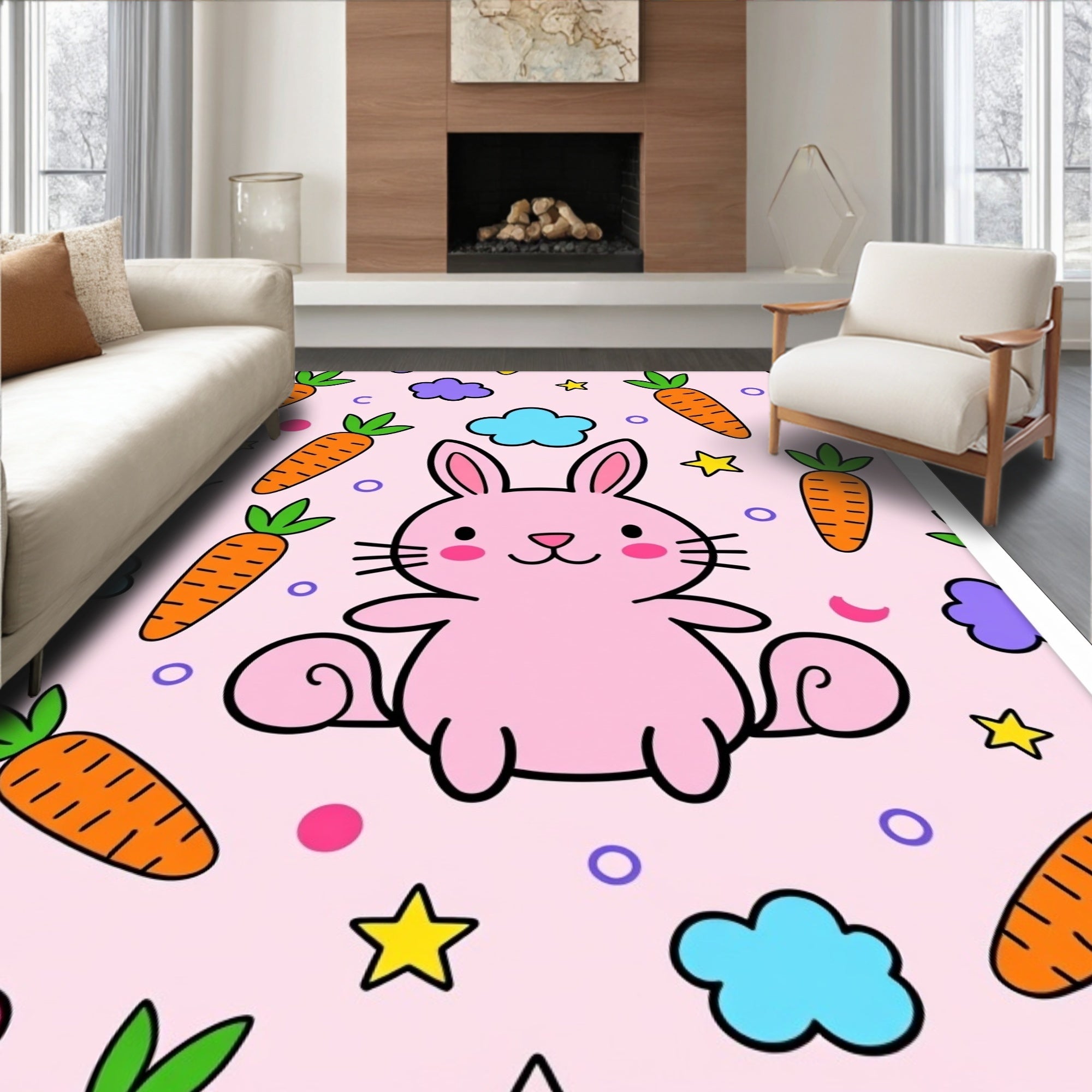 Cute Pink Bunny and Carrots Rug