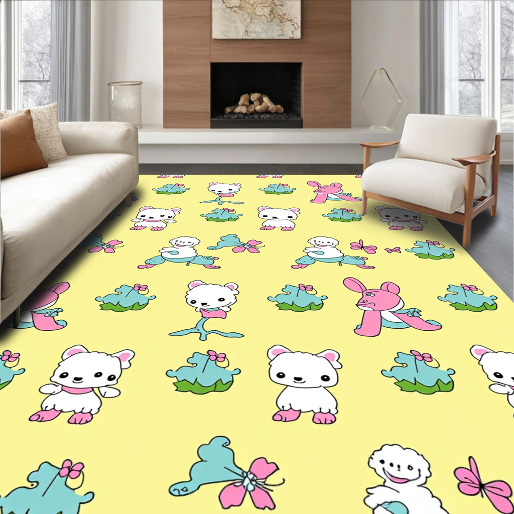 Pink White Cute Critters Yellow Background Rug