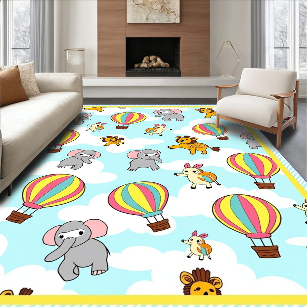 Whimsical Elephants Lions Hot Air Balloons Rug