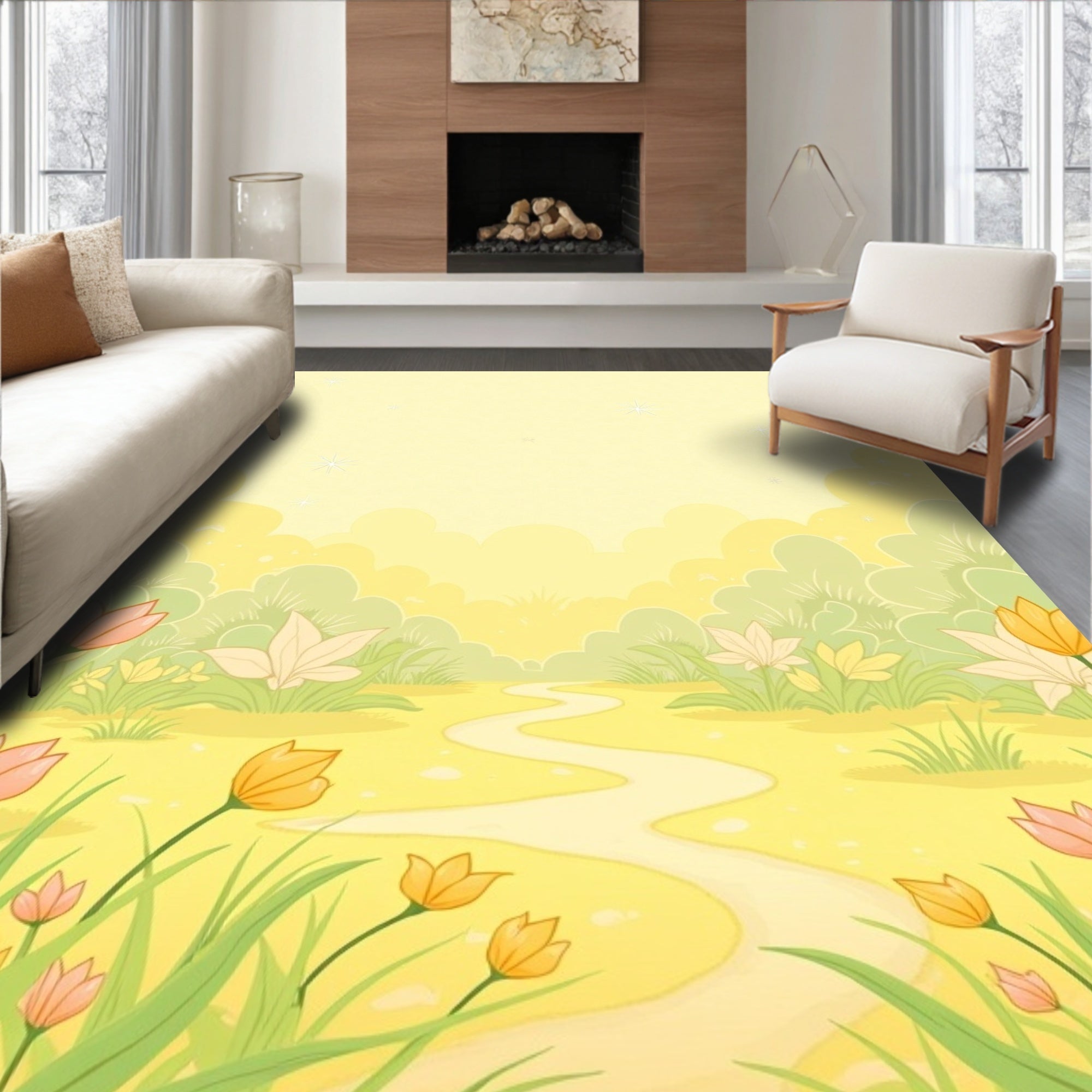 Golden Meadow Spring Floral Path Rug