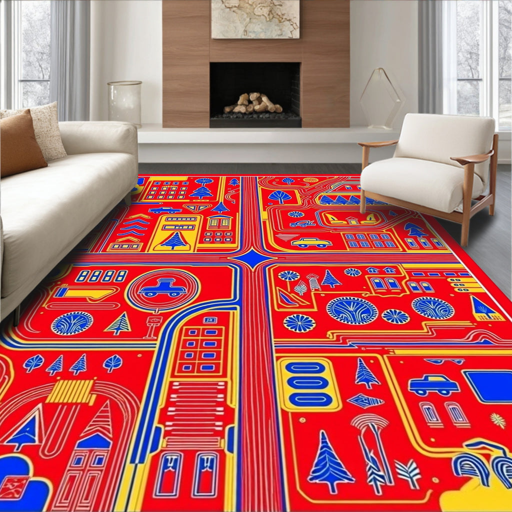 Red Yellow Blue Cityscape Town Map Rug