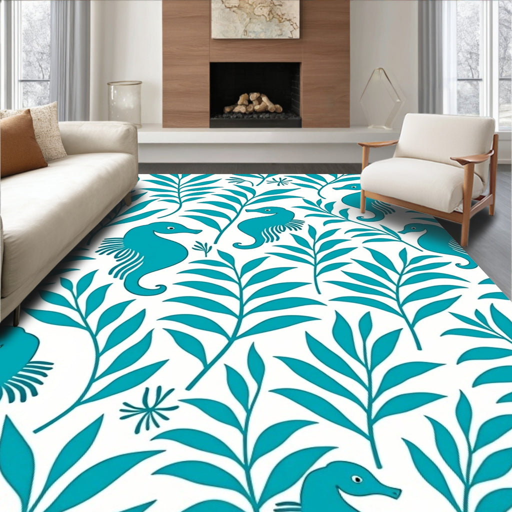 Turquoise Seahorse and Foliage Collage Rug