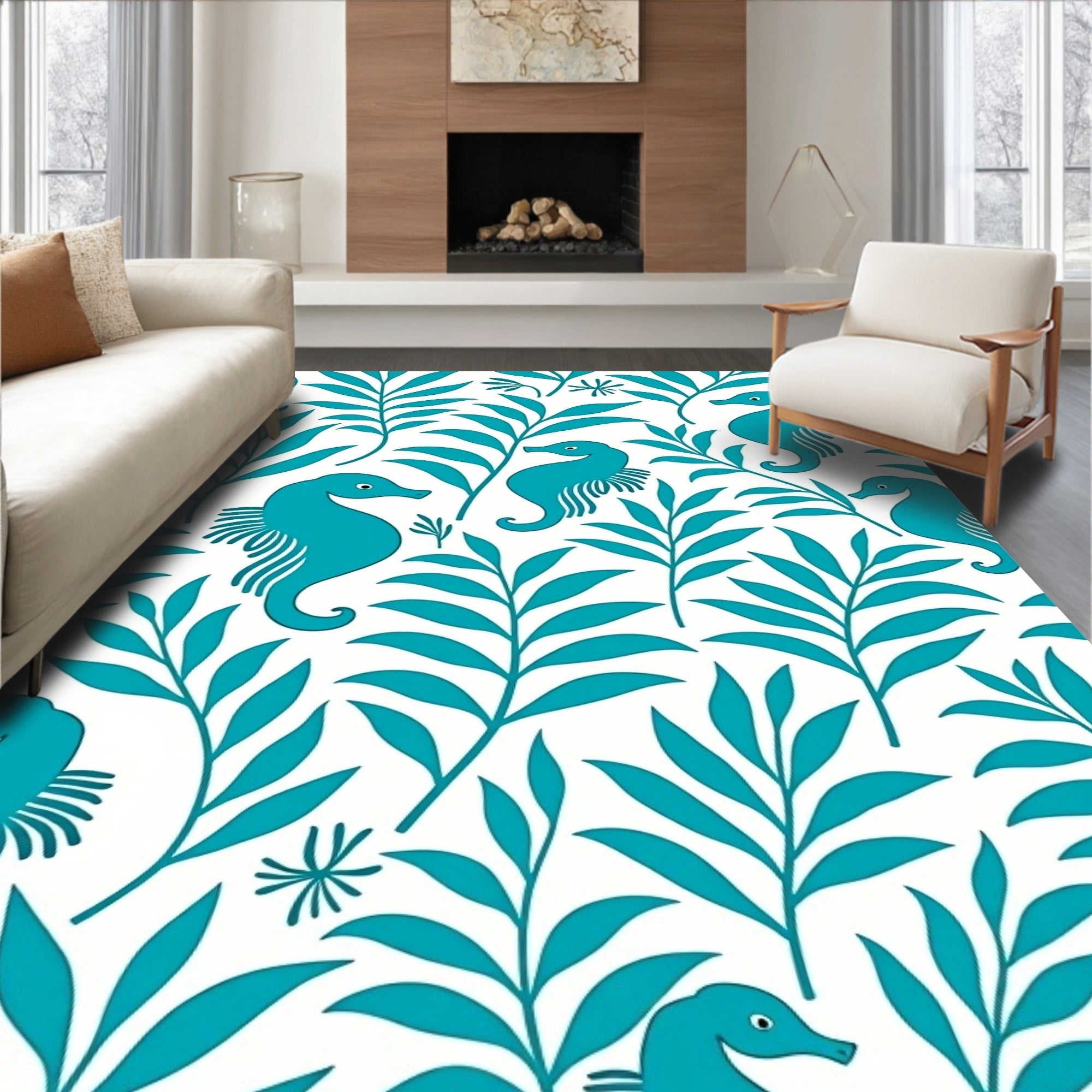 Turquoise Seahorse and Foliage Collage Rug
