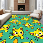 Playful Yellow Kittens Stars Beans Green Rug