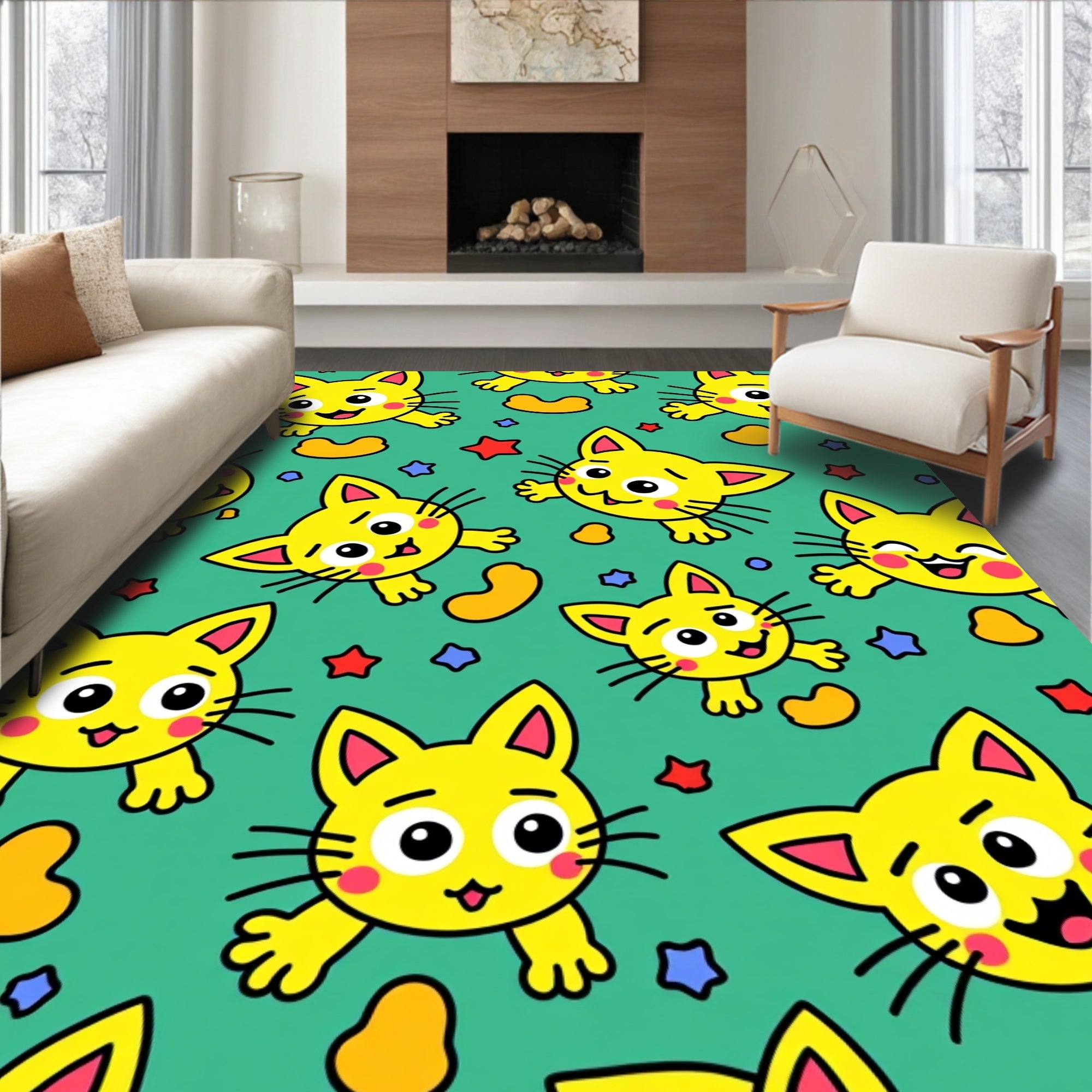 Playful Yellow Kittens Stars Beans Green Rug
