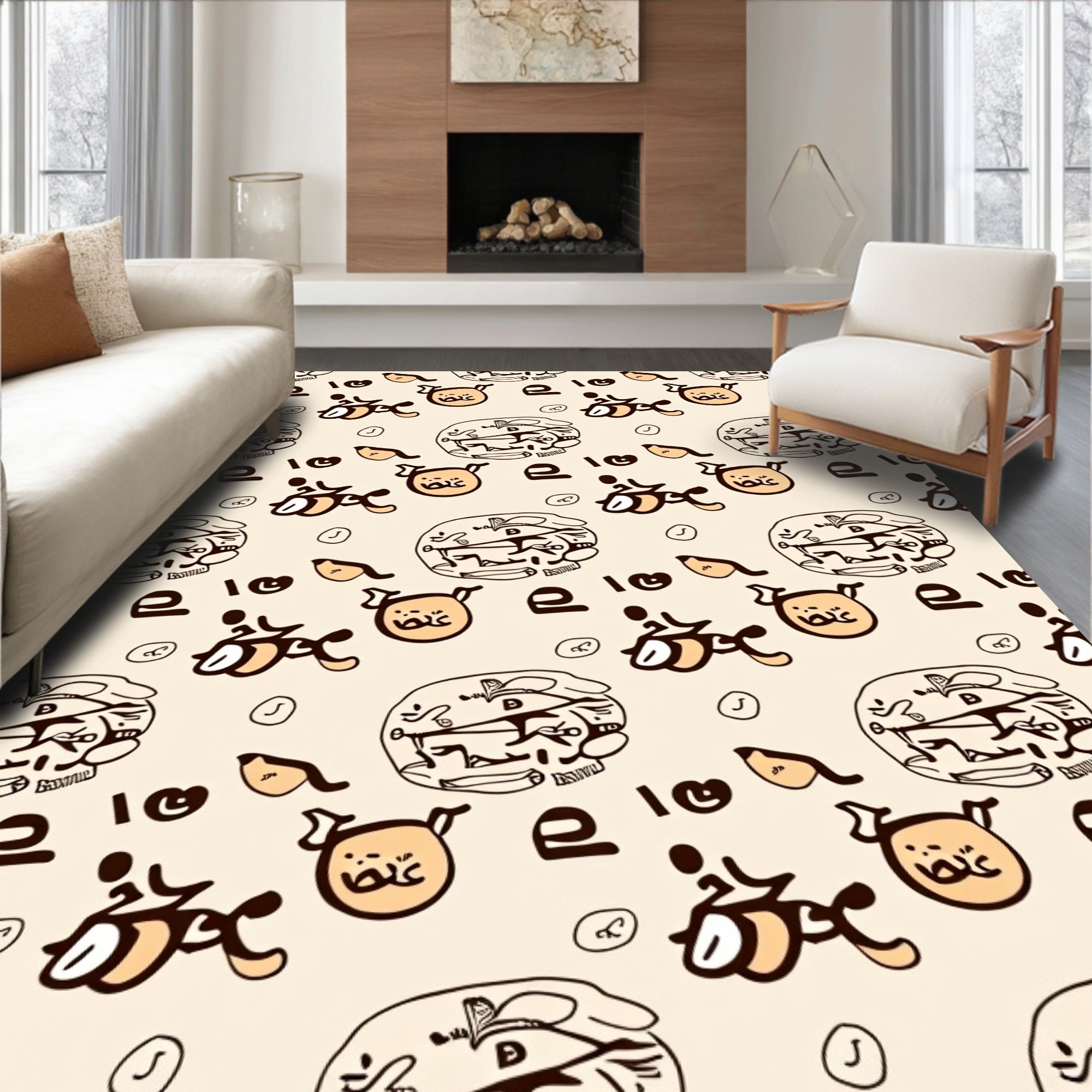 Playful Beige Character Collage Rug