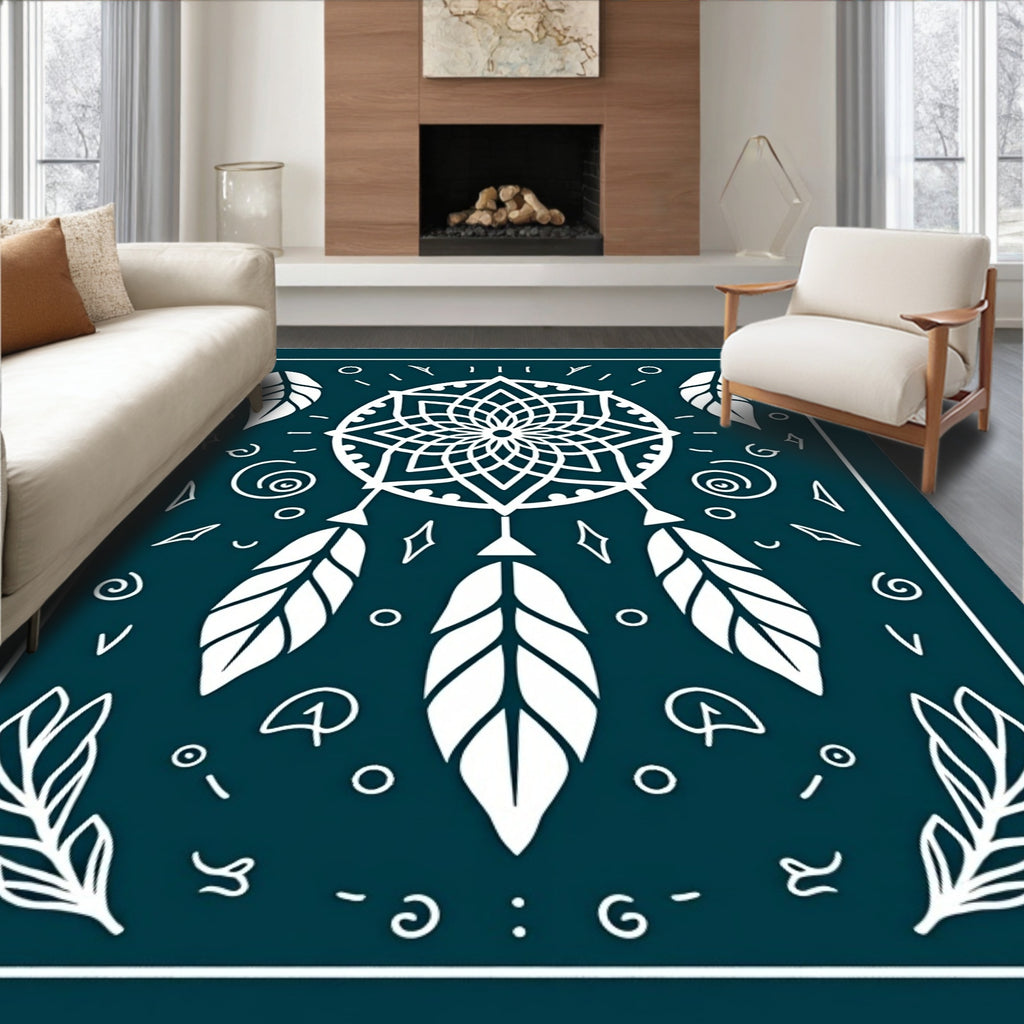 Teal Dreamcatcher Feather Accents Rug