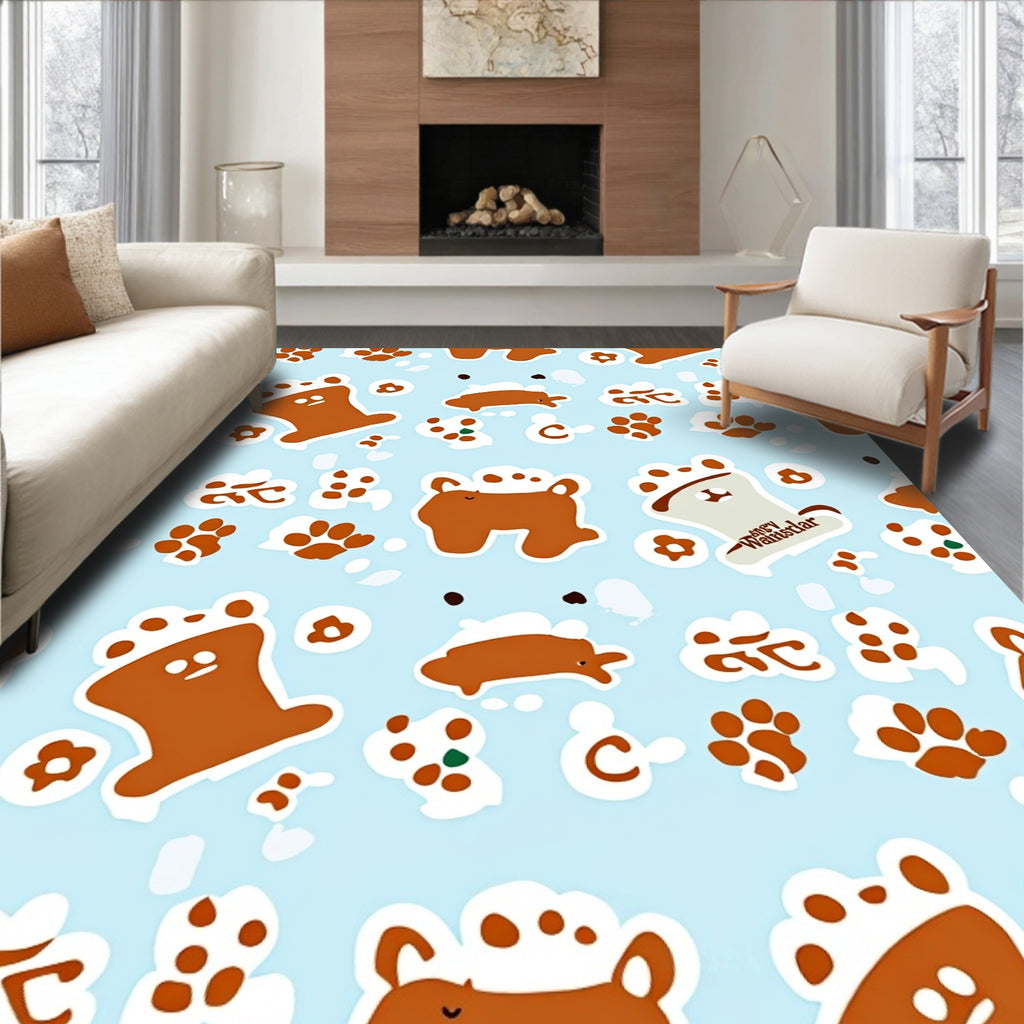 Playful Brown Cartoon Dog Paw Print Rug