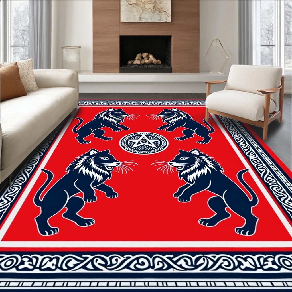 Bold Navy Lions Red Medallion Border Rug