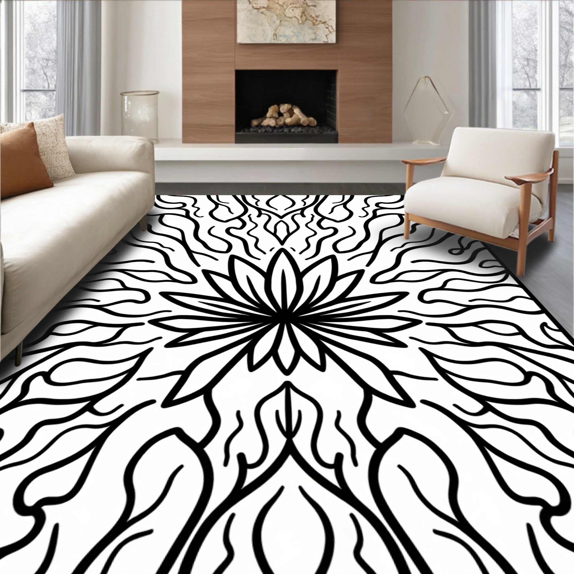 Black White Organic Blossom Medallion Rug