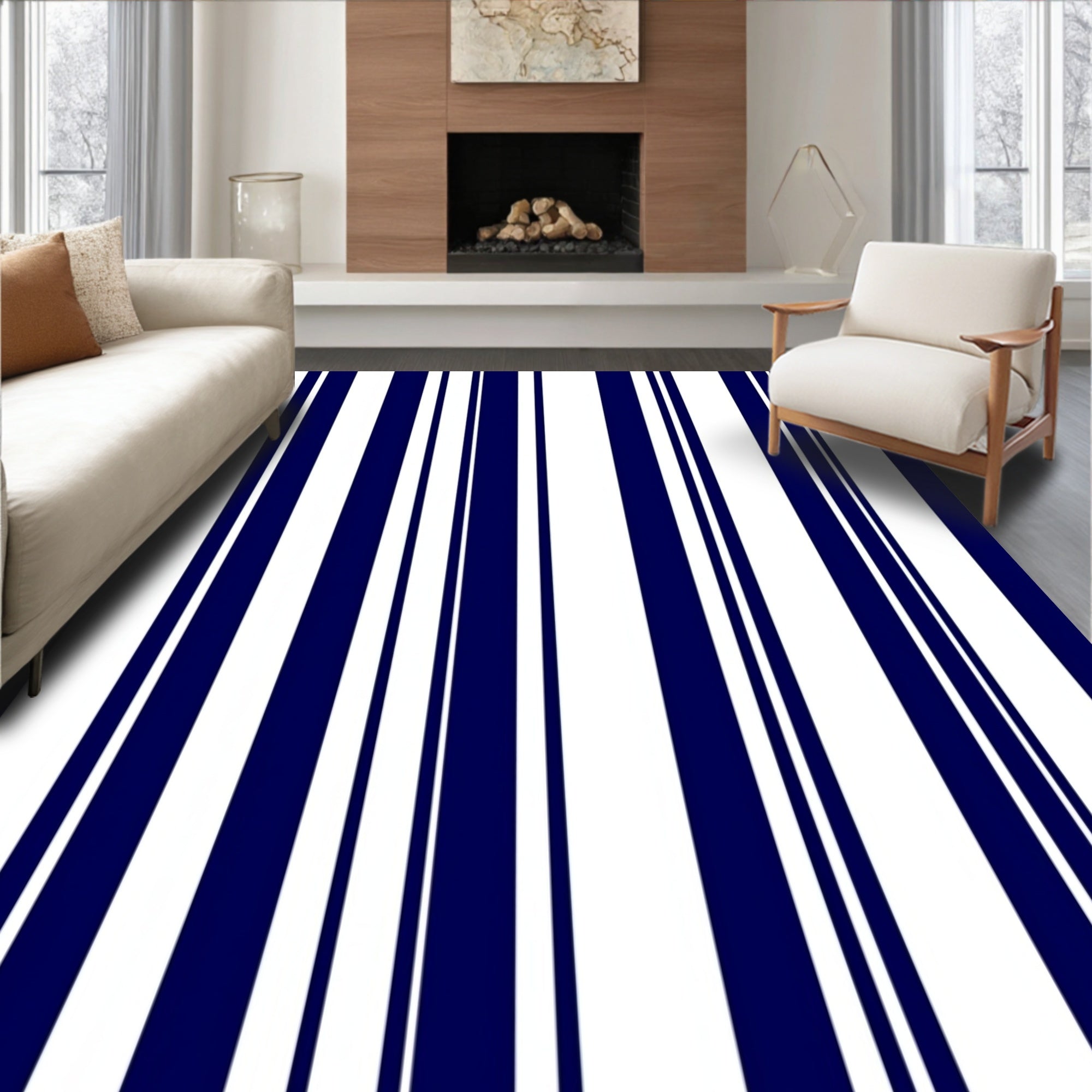 Classic Navy and White Vertical Stripe Rug
