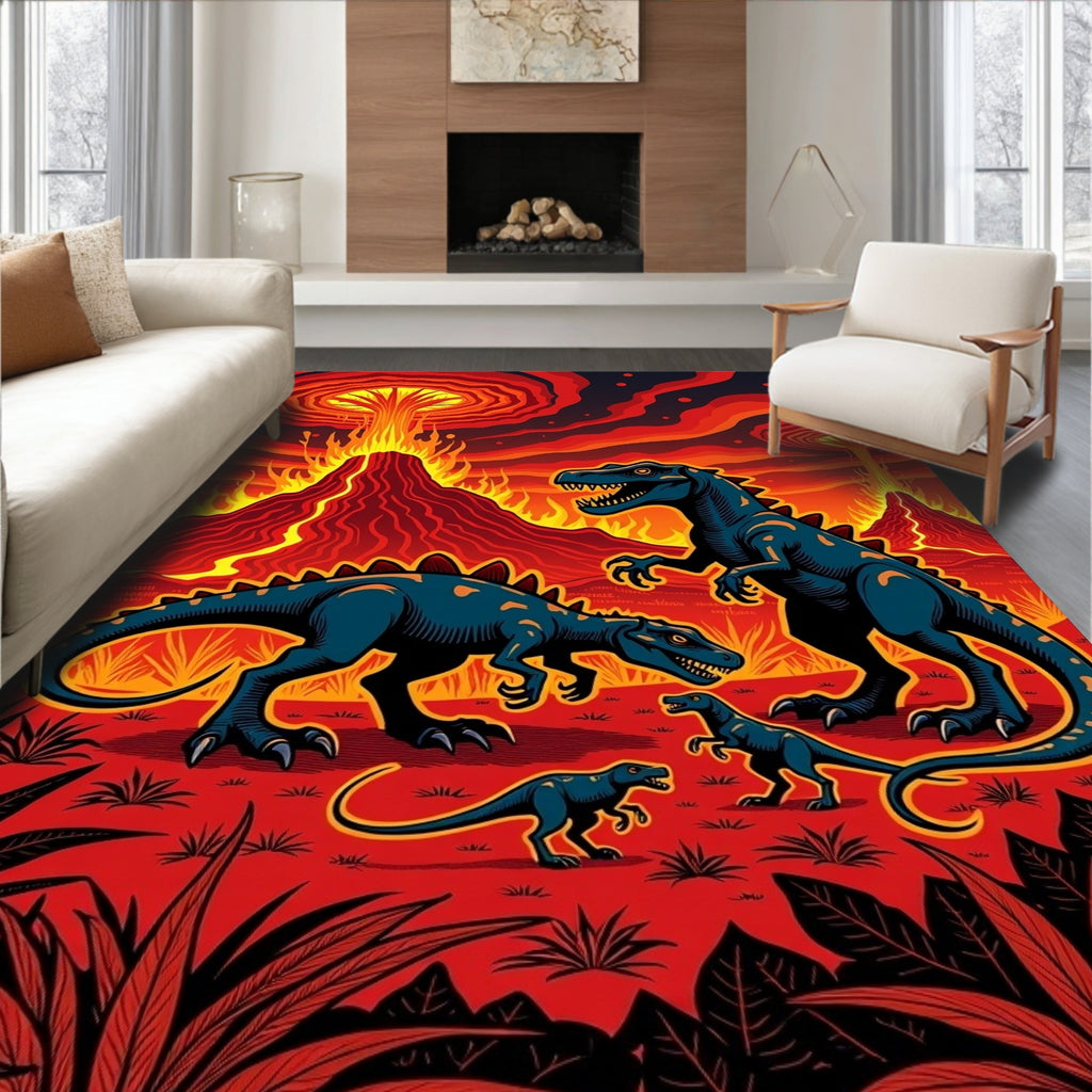 Fiery Volcano Dinosaur Family Scene Rug