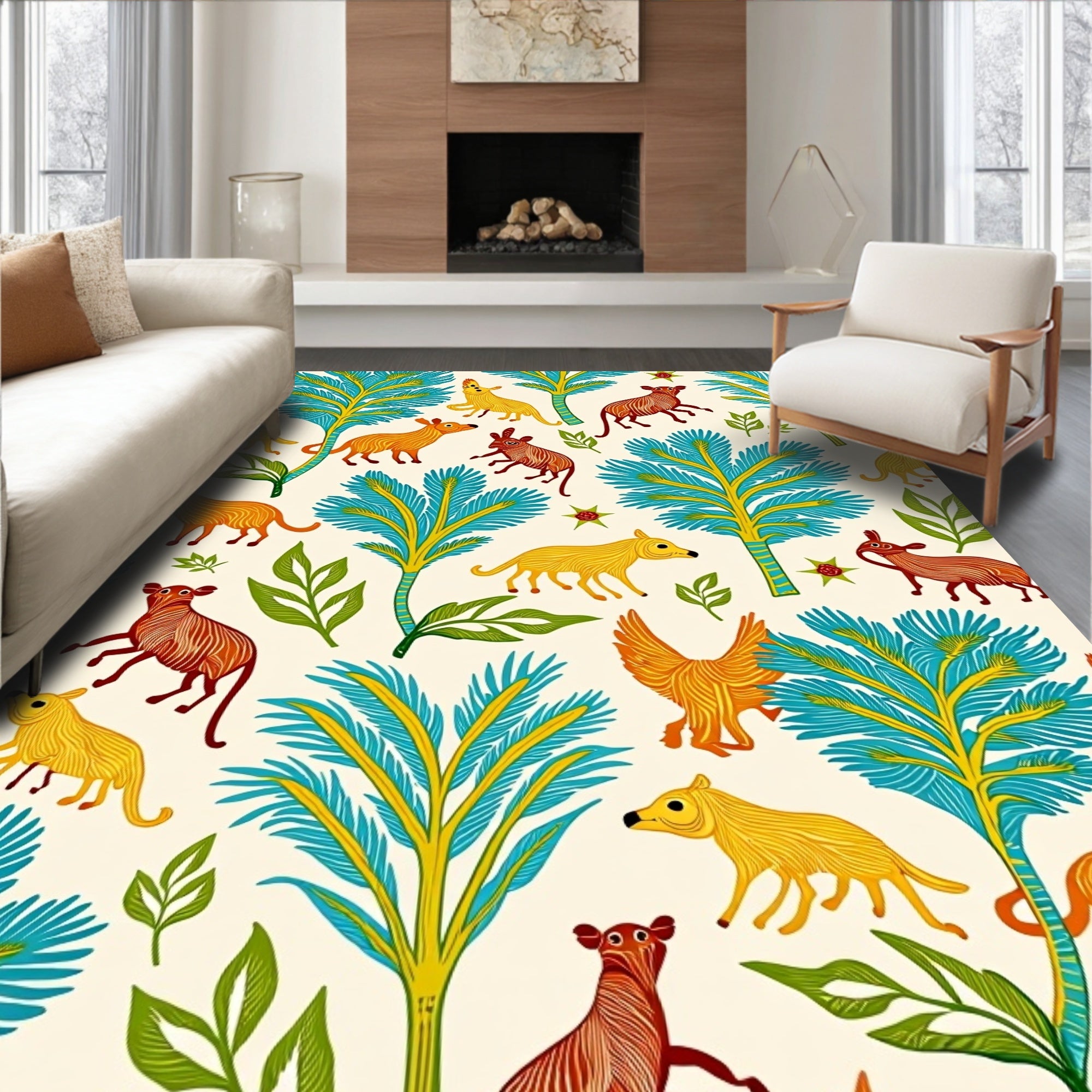 Folk Art Woodland Animals Tropical Trees Rug