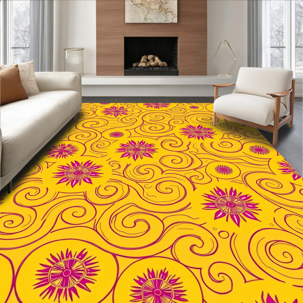 Golden Pink Floral Swirls Rug