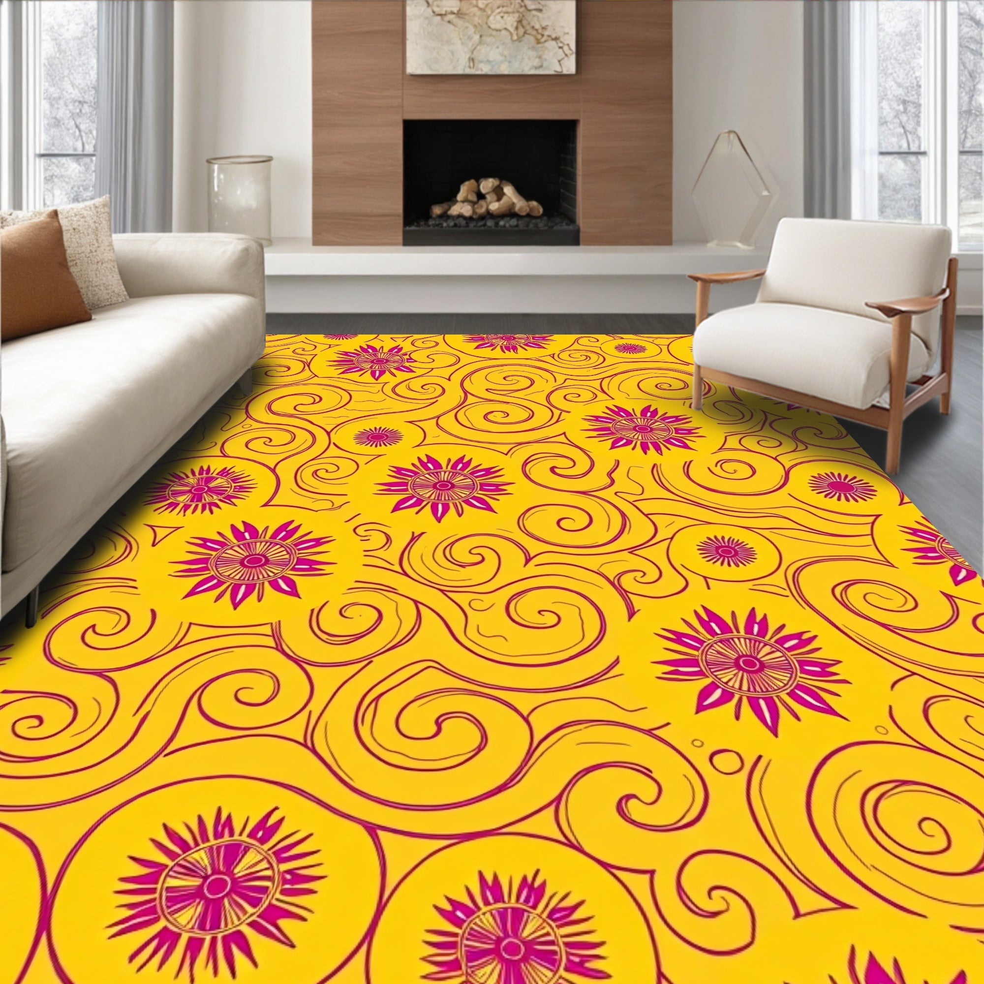 Golden Pink Floral Swirls Rug