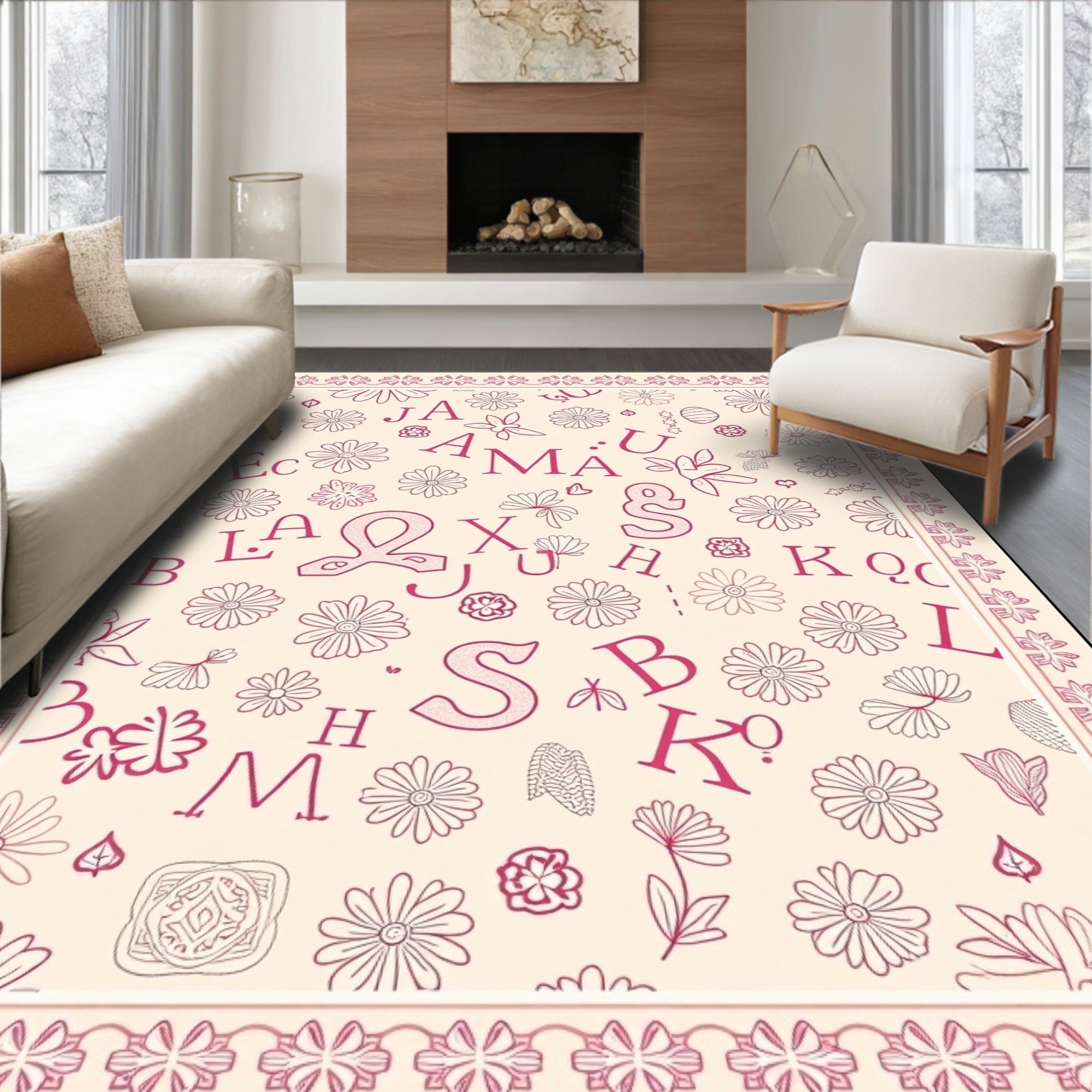 Pink Daisy Alphabet Collage Rug