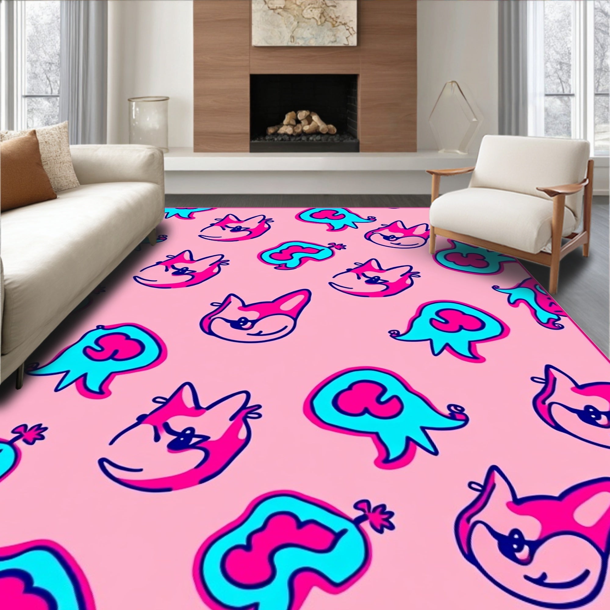 Whimsical Pink and Teal Cartoon Faces Rug
