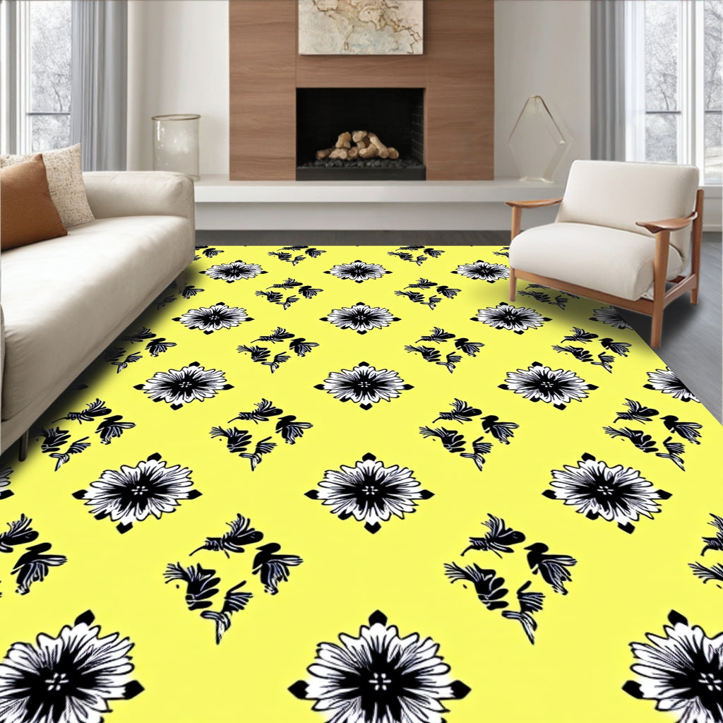 Yellow Black Floral Diamond Rug