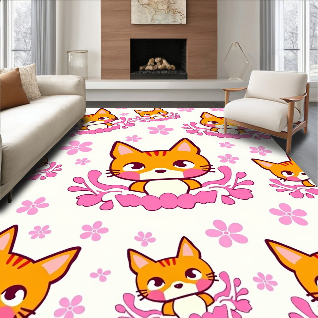 Cute Orange Kitties Pink Flowers Rug