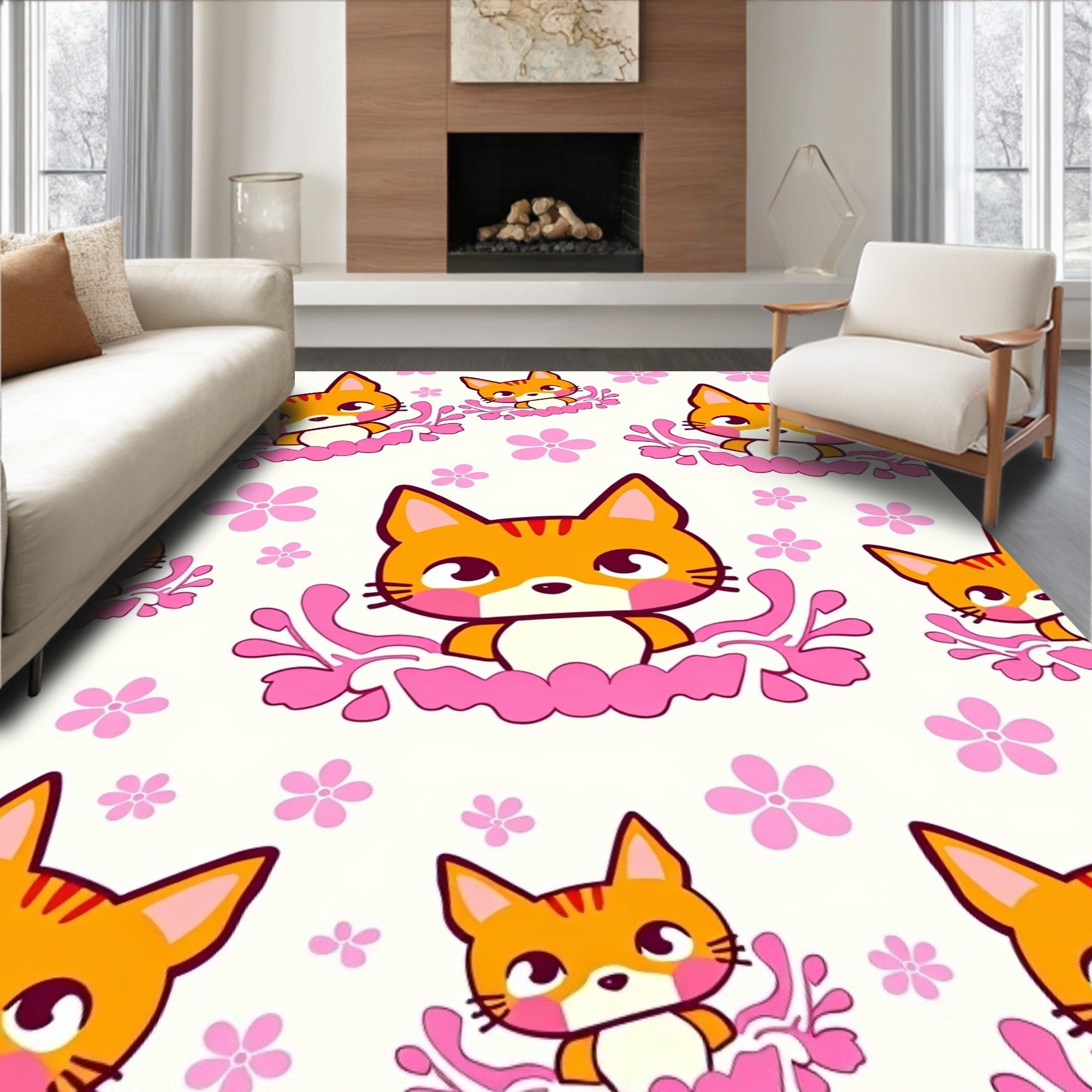 Cute Orange Kitties Pink Flowers Rug