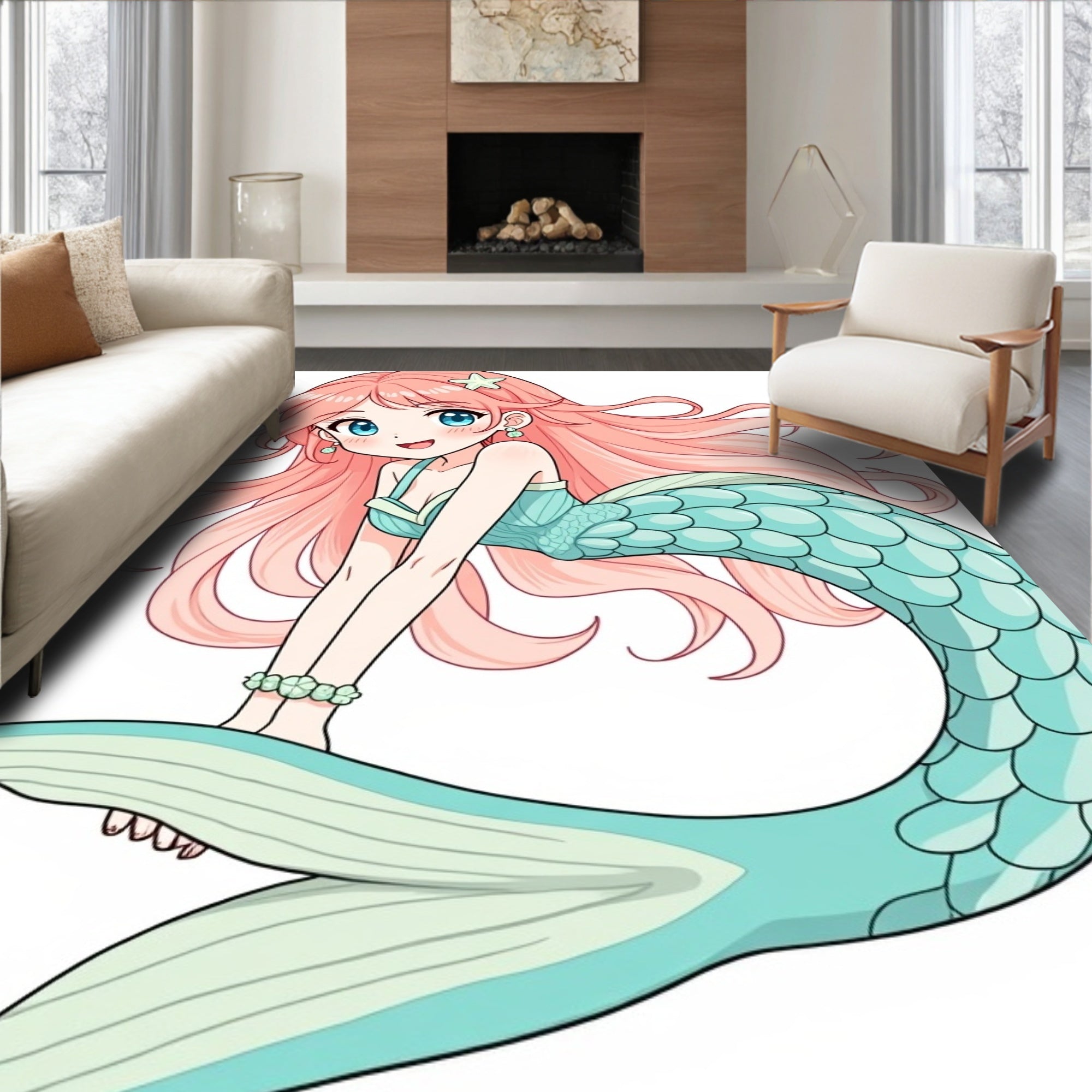 Kawaii Pink Hair Mermaid Ocean Swirls Rug