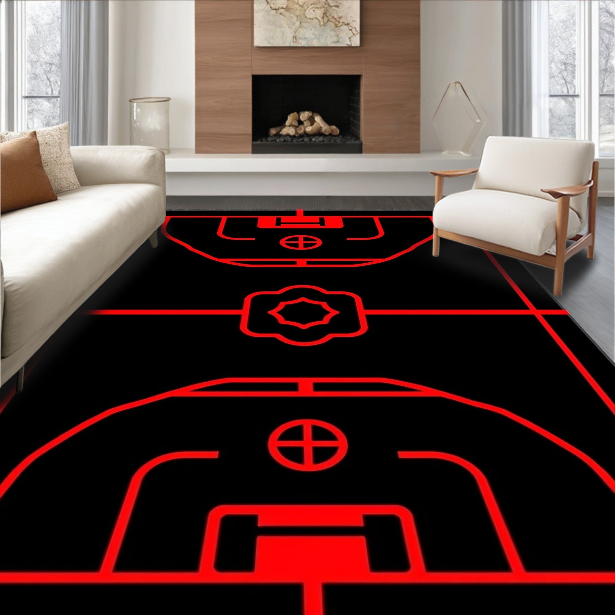 Black Red Court Lines Rug