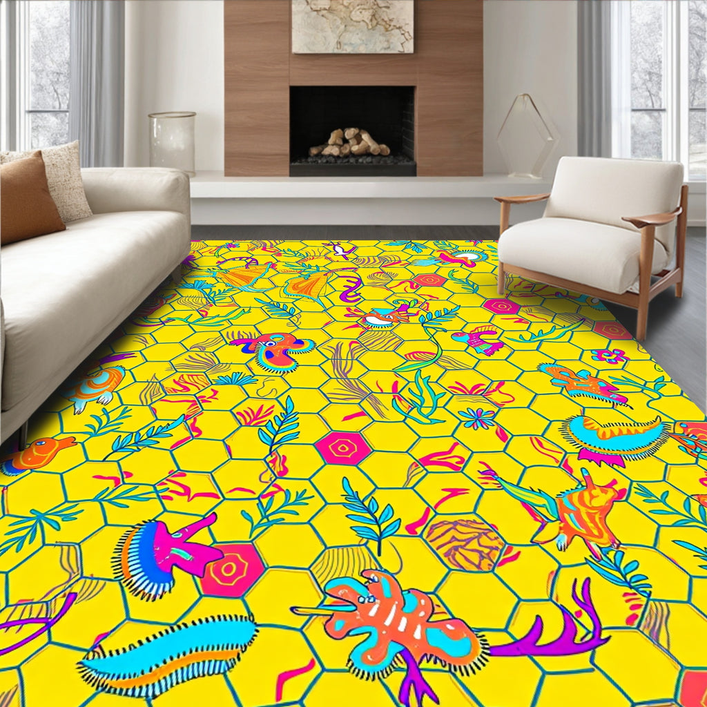 Whimsical Creatures Yellow Hex Garden Rug