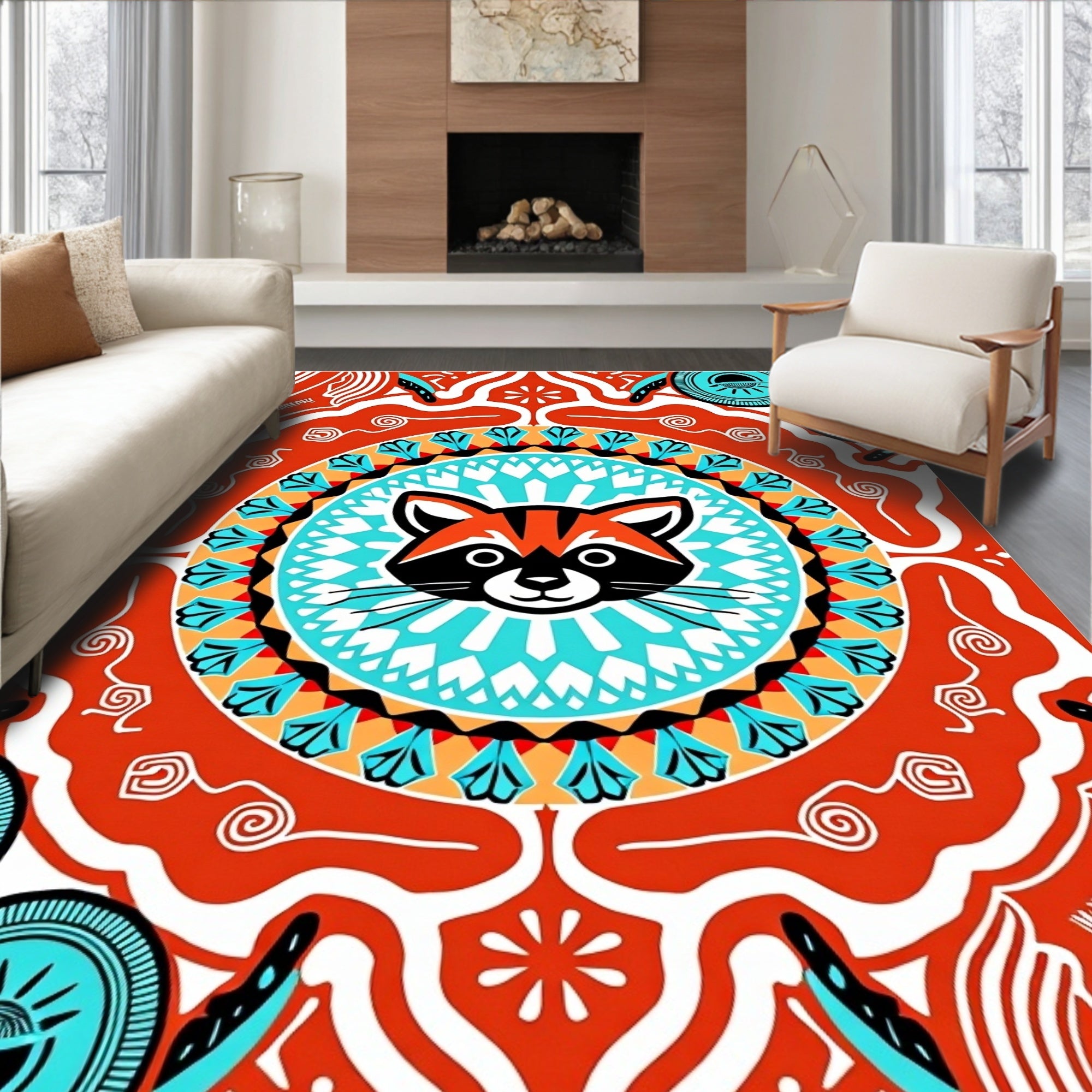 Whimsical Raccoon Tribal Mandala Rug