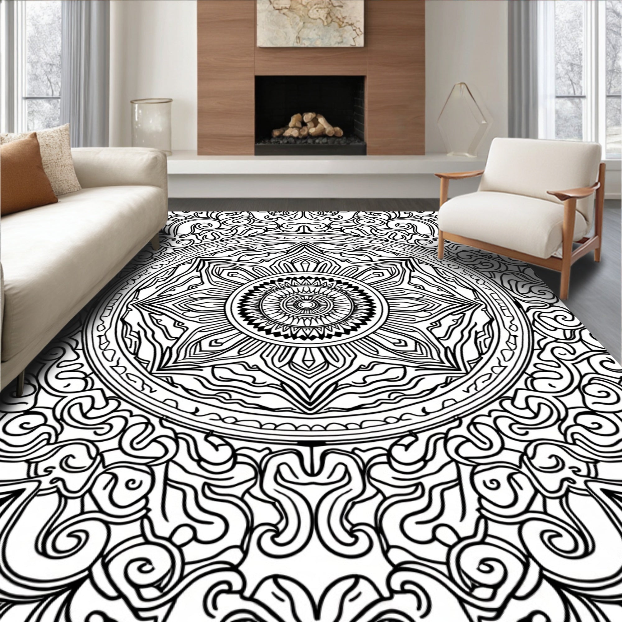 Black White Intricate Mandala Floral Rug
